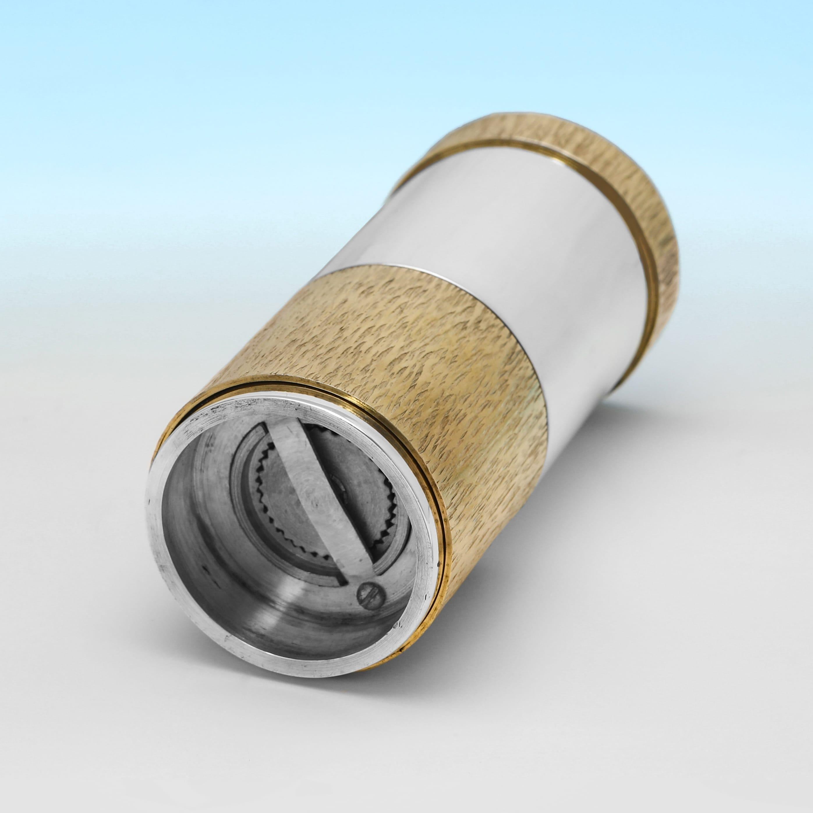 Mid-Century Modern Modernist design sterling silver pepper grinder with bark effect detail - 1971 For Sale
