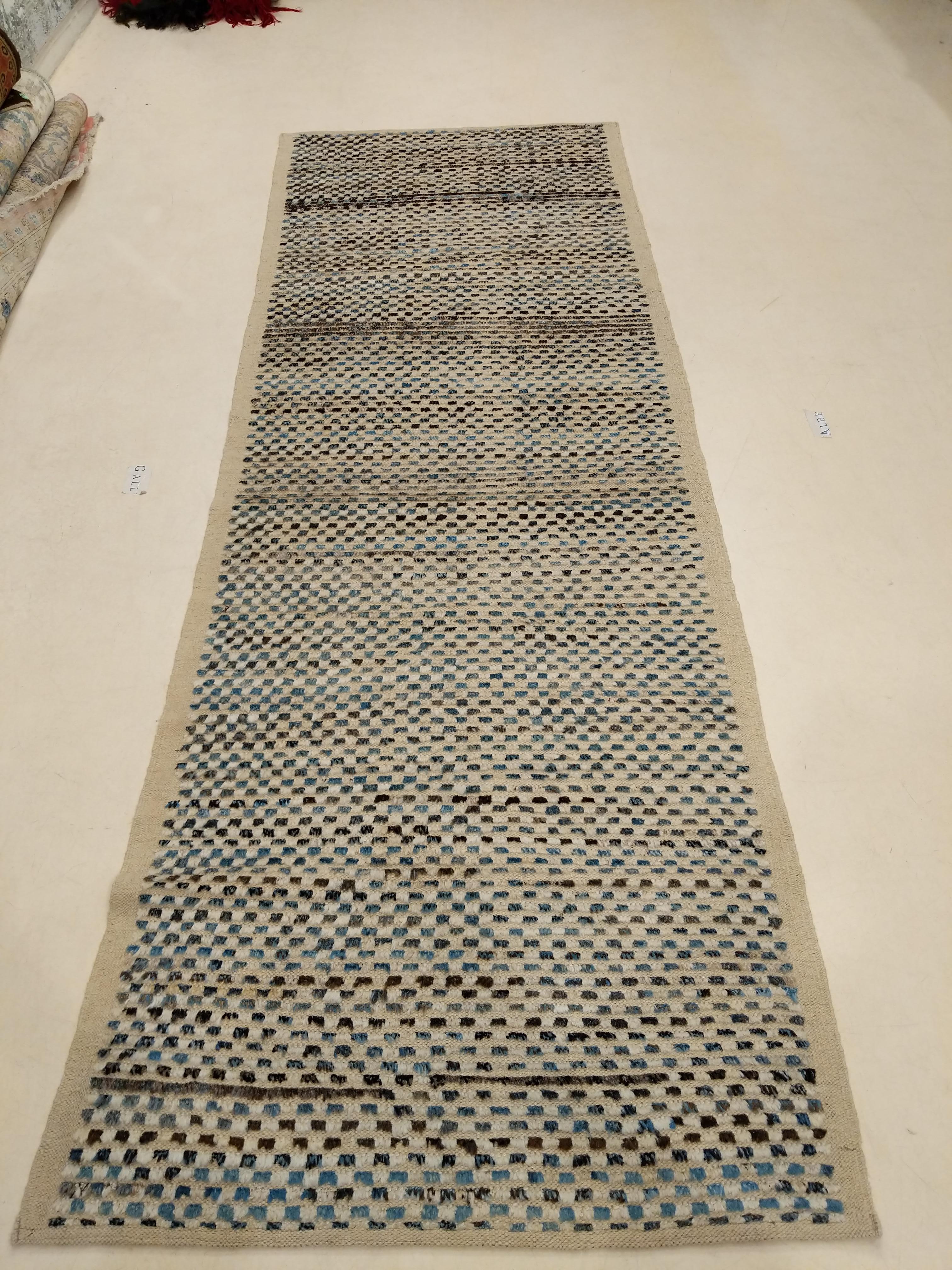 Modernist Design Textured Ivory and Blue Runner Rug in Scandinavian/Berber Style 2