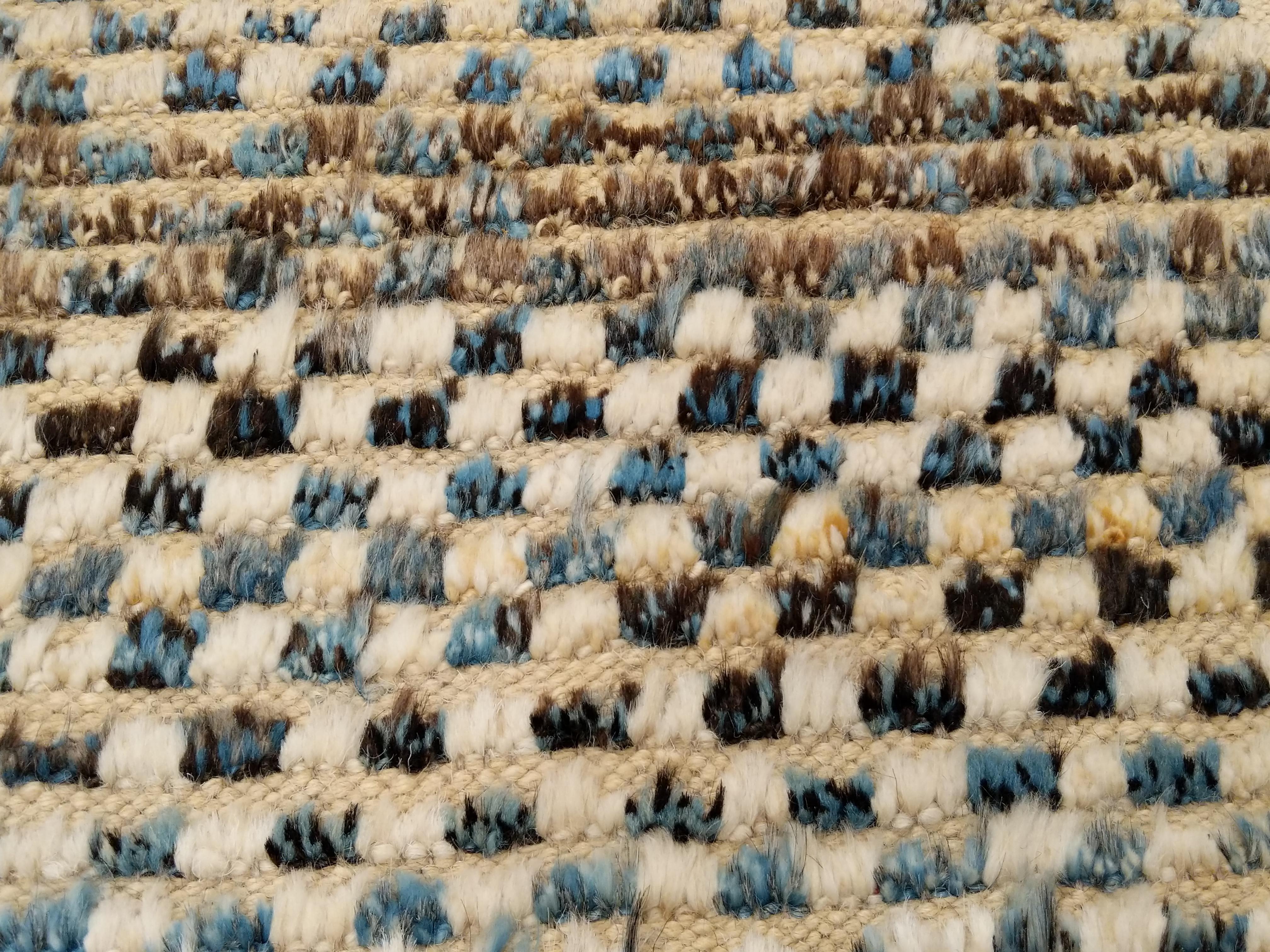 Wool Modernist Design Textured Ivory and Blue Runner Rug in Scandinavian/Berber Style