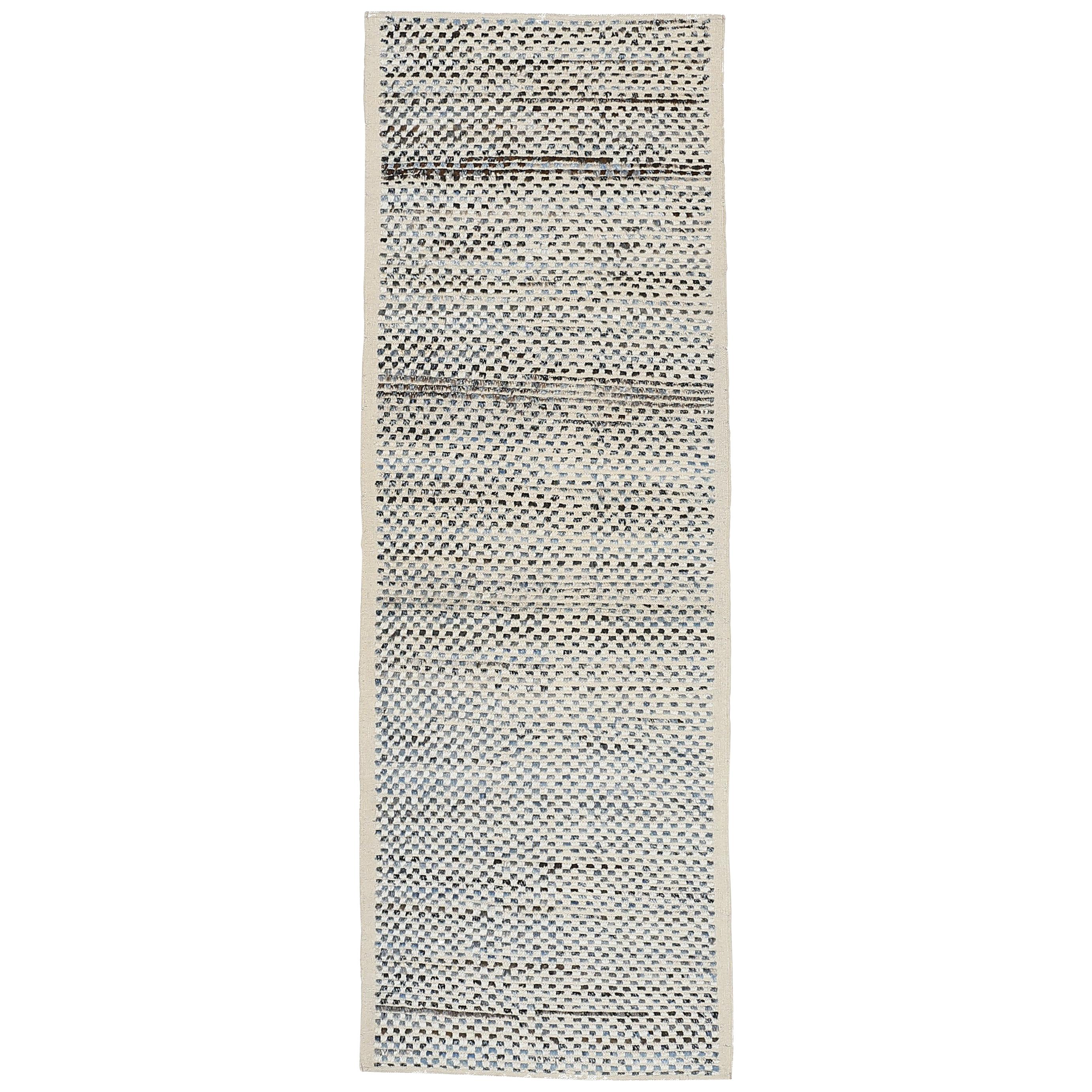 Modernist Design Textured Ivory and Blue Runner Rug in Scandinavian/Berber Style