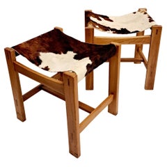 Cowhide Pine Stools in the Style of Pierre Chapo, France 1950s