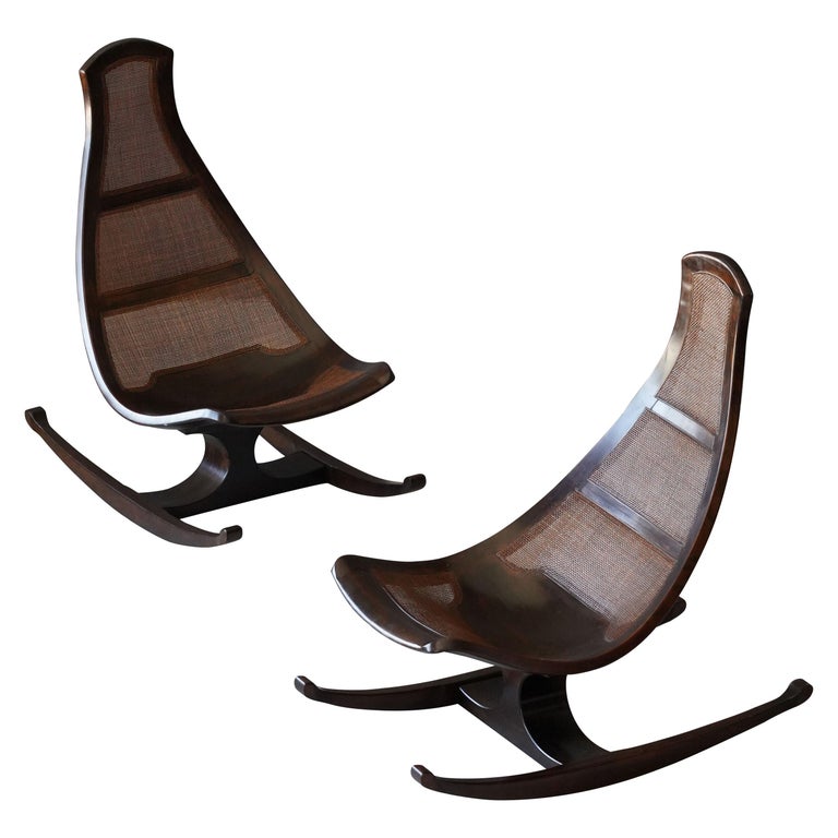 Modernist Designer, Rocking Lounge Chairs, Cane, Mahogany ...