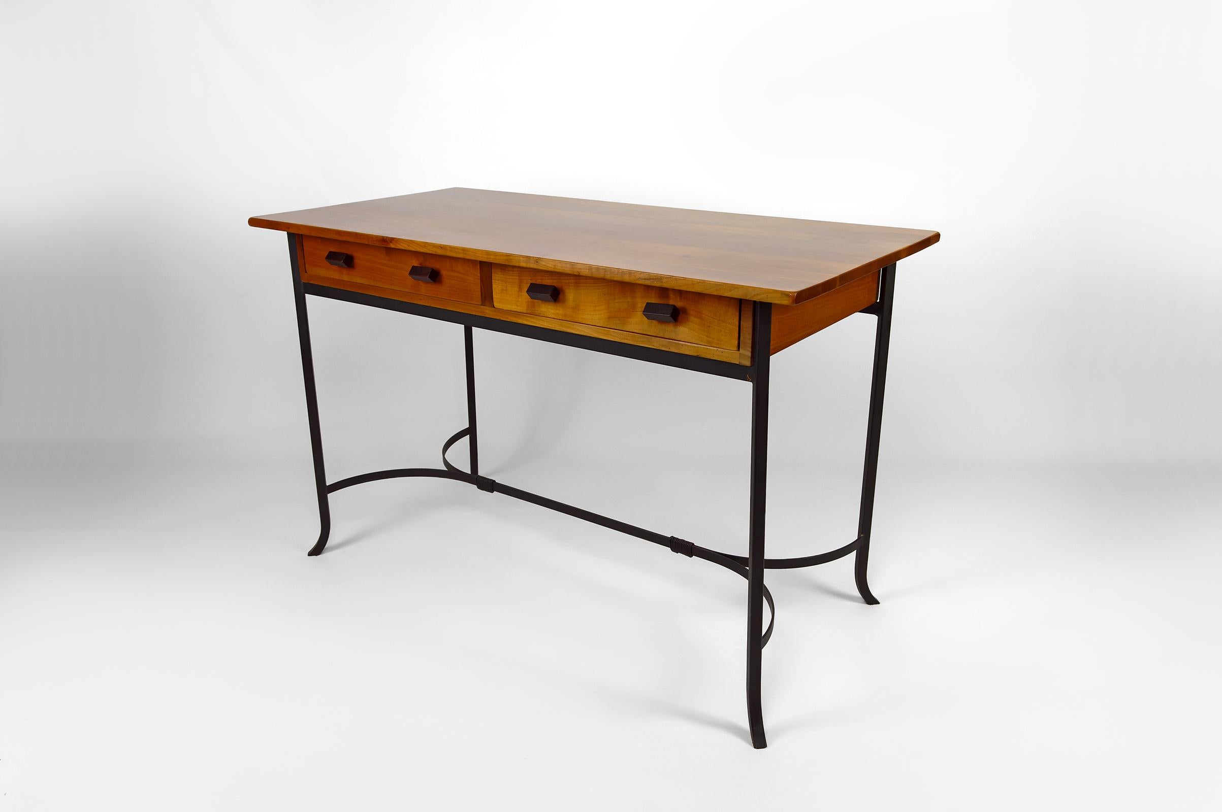 French Modernist Desk in Cherry Wood and Wrought Iron, circa 1980