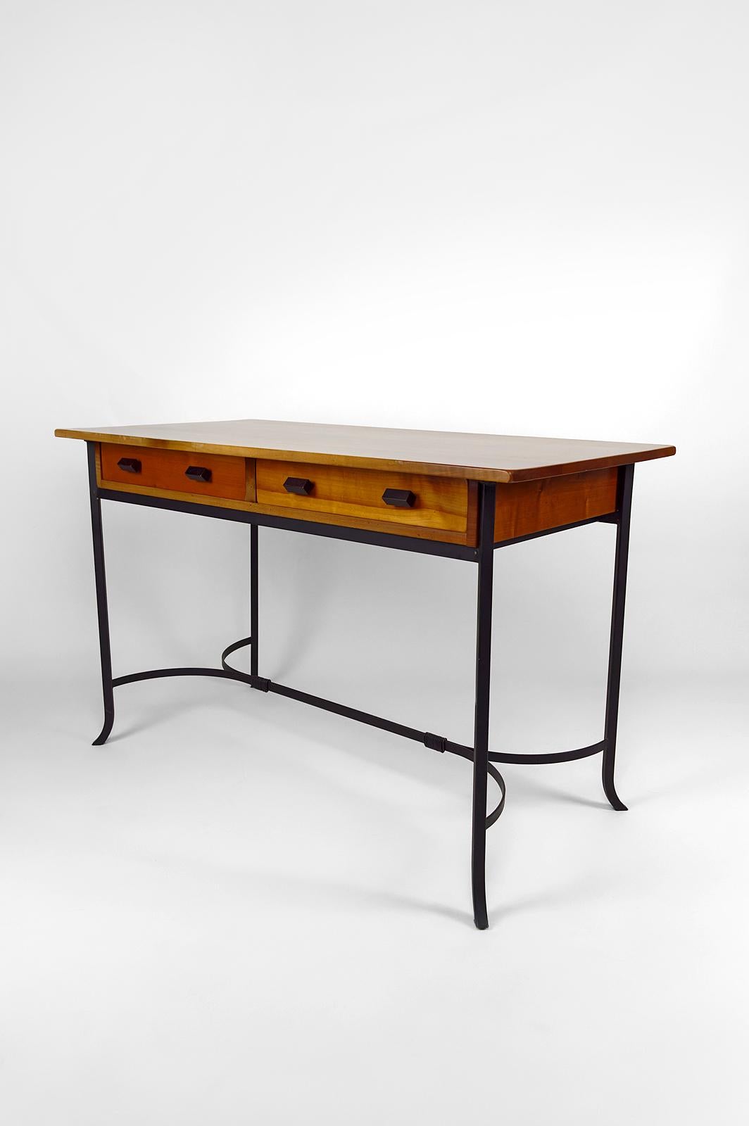 Late 20th Century Modernist Desk in Cherry Wood and Wrought Iron, circa 1980