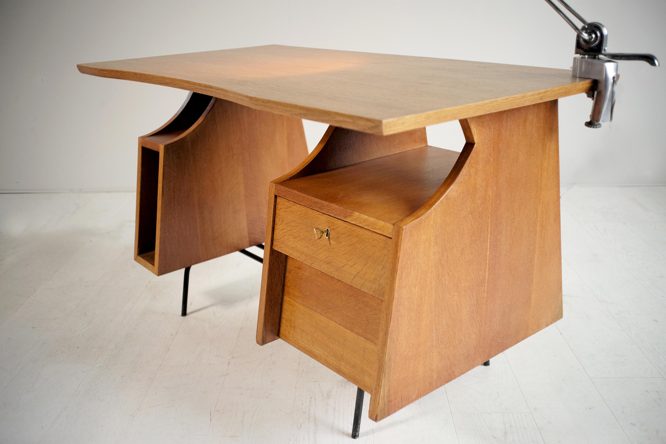 Modernist Desk in Oak and Tubular Metal, France 1950 4
