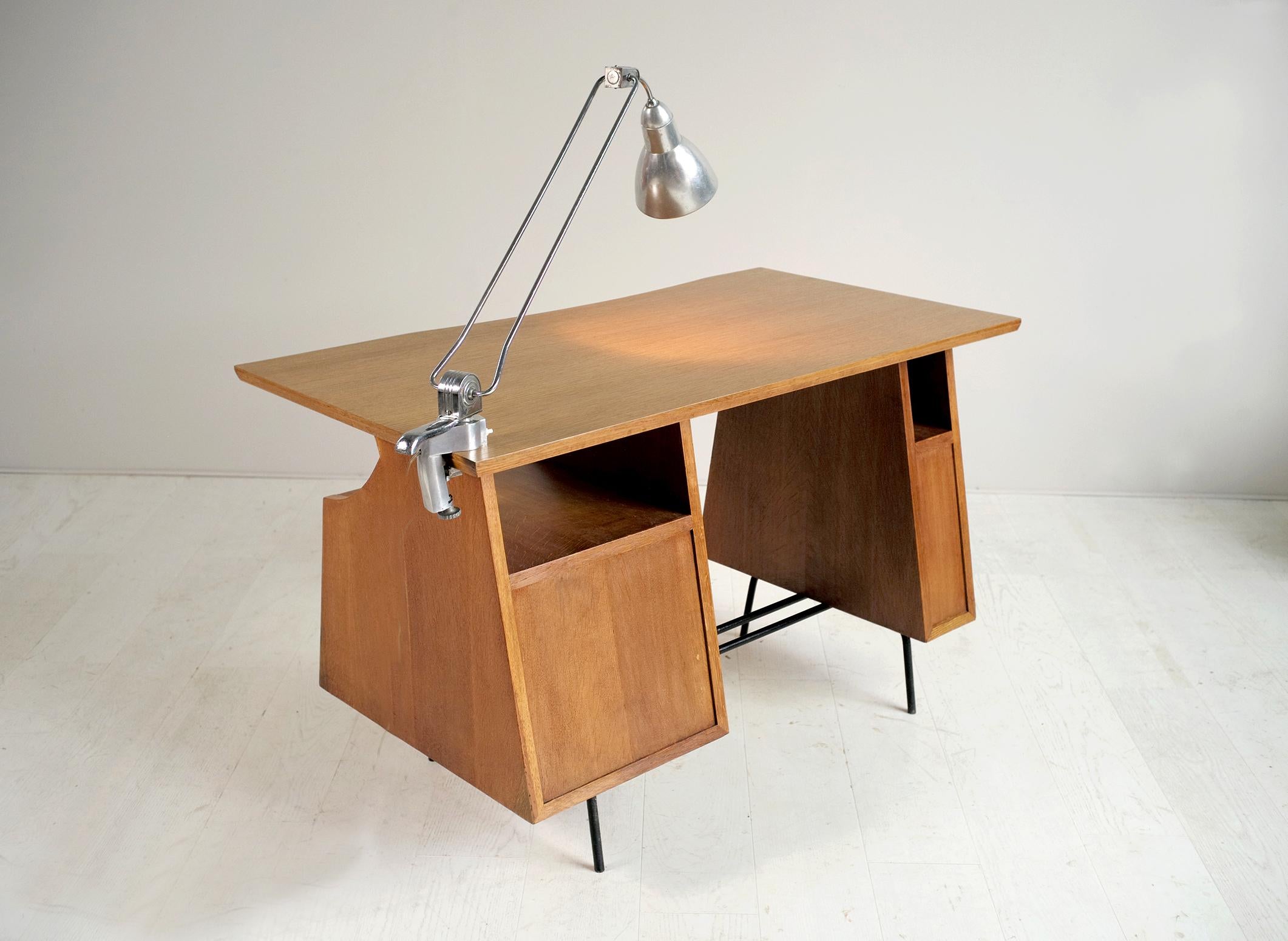 Modernist Desk in Oak and Tubular Metal, France 1950 5