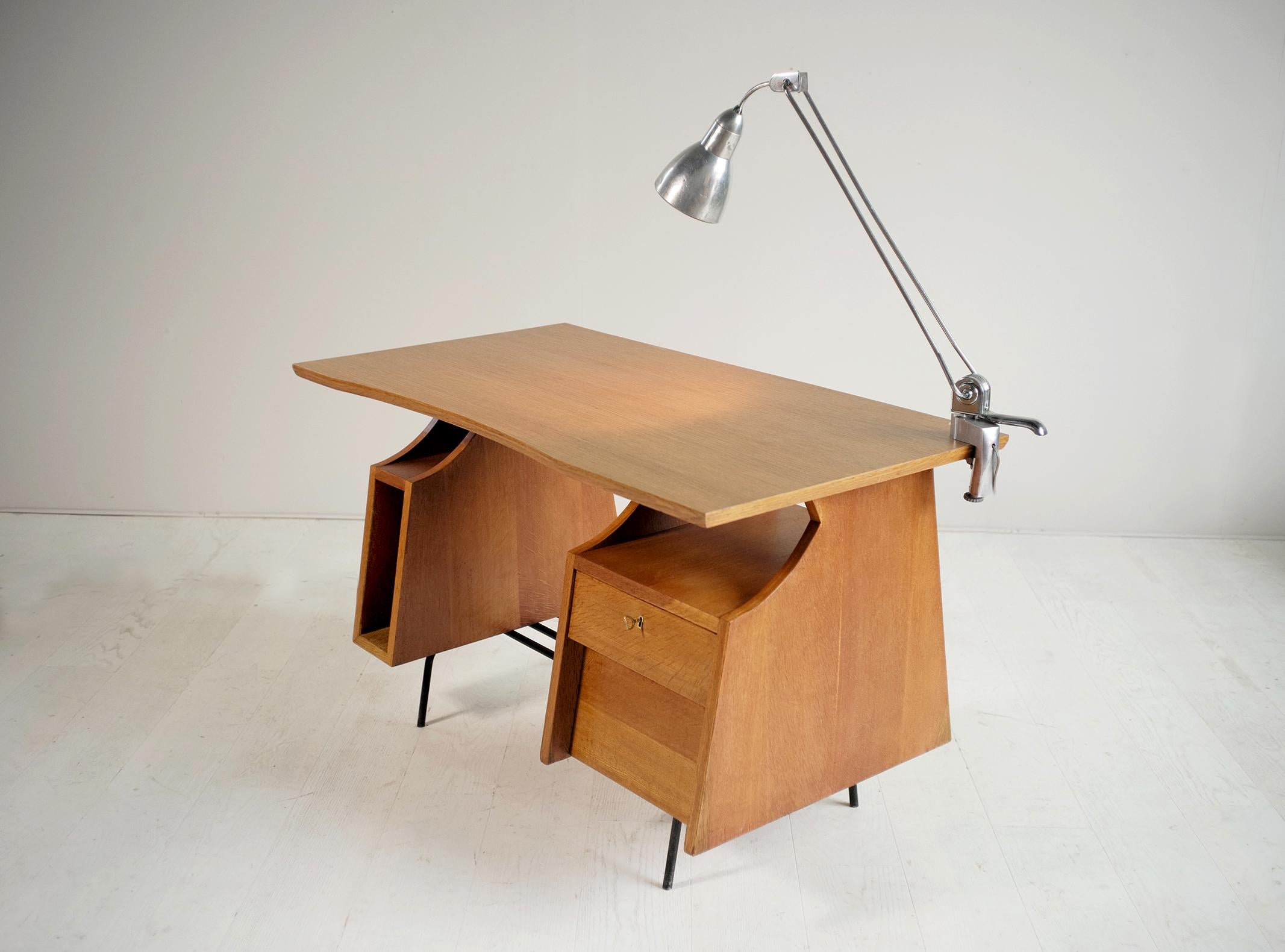Modernist Desk in Oak and Tubular Metal, France 1950 6