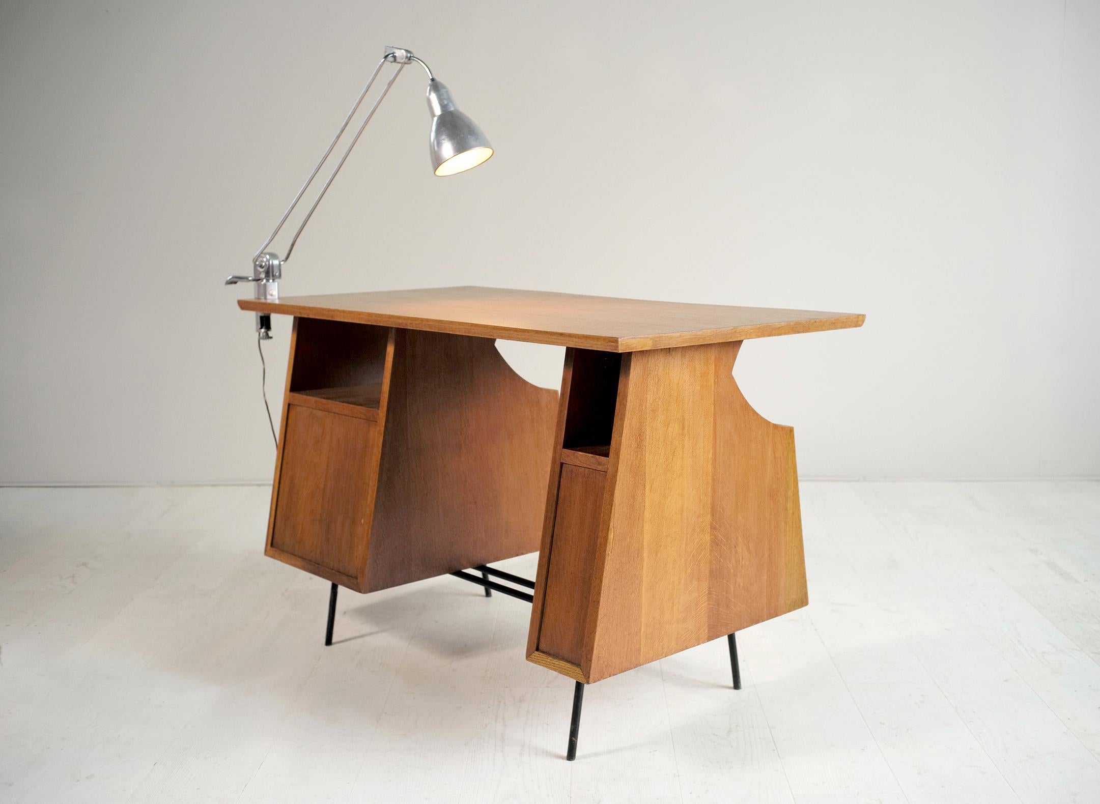 Mid-Century Modern Modernist Desk in Oak and Tubular Metal, France 1950