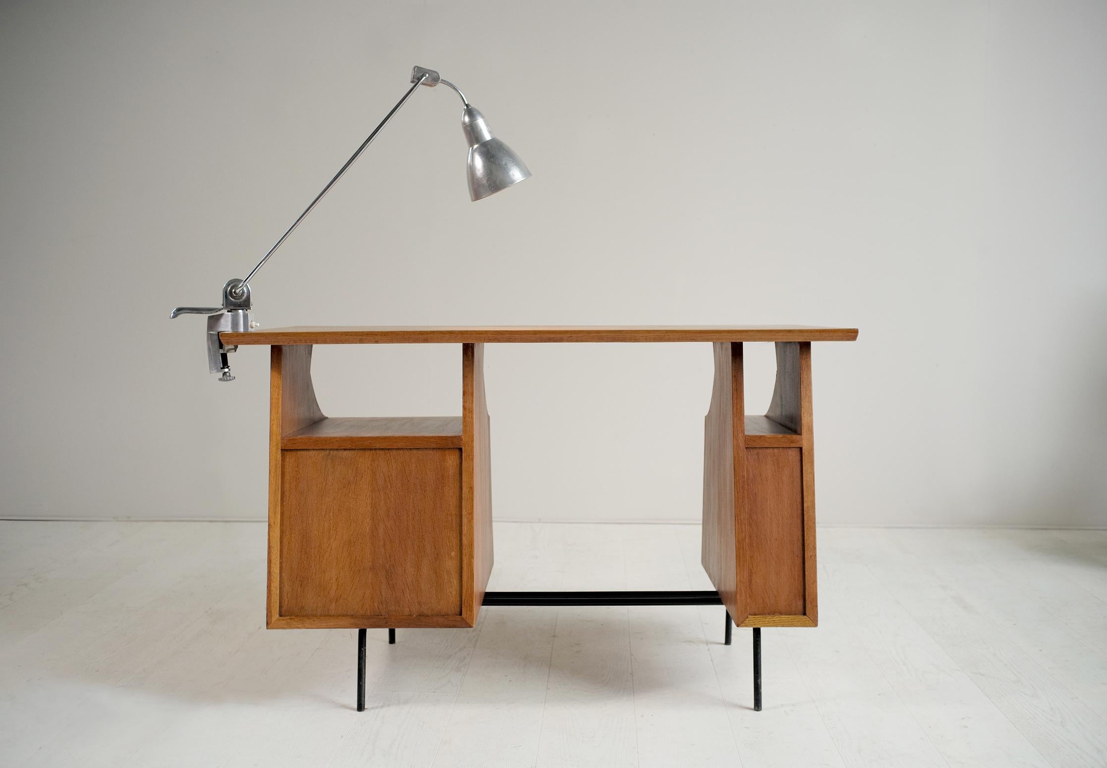 Modernist Desk in Oak and Tubular Metal, France 1950 1