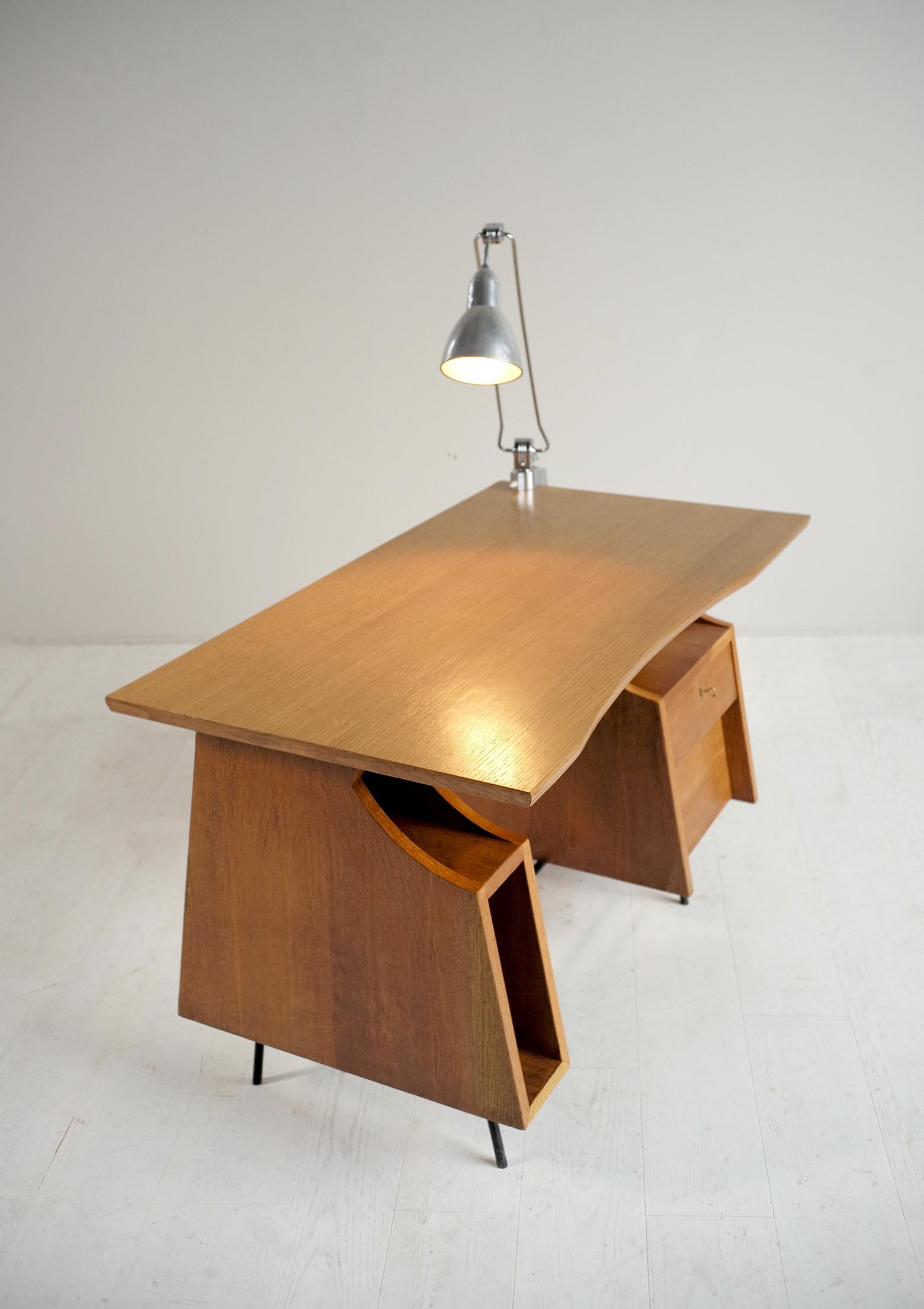 Modernist Desk in Oak and Tubular Metal, France 1950 3