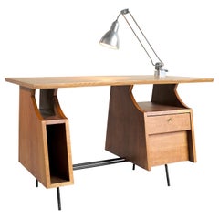 Modernist Desk in Oak and Tubular Metal, France 1950