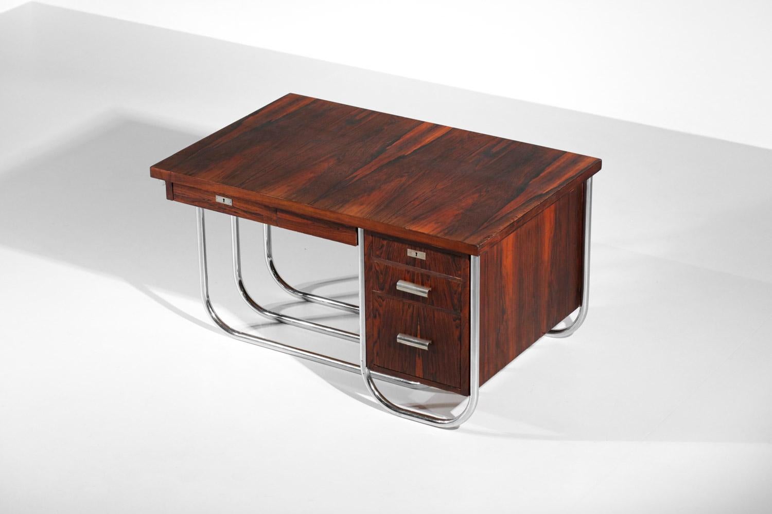 French Modernist Desk in Solid Wood 40s / 50s Bauhaus Style Vintage For Sale