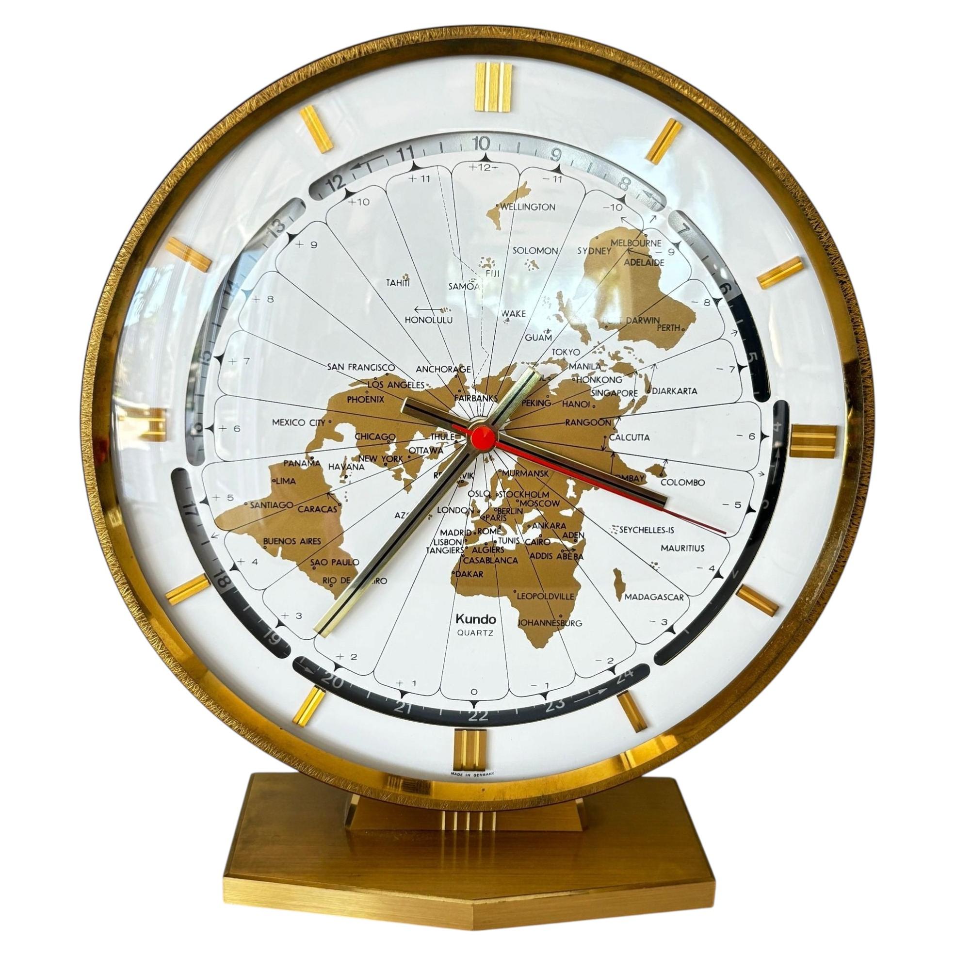 Modernist Desk World Clock Kundo by Kieninger & Obergfell West Germany 1960s