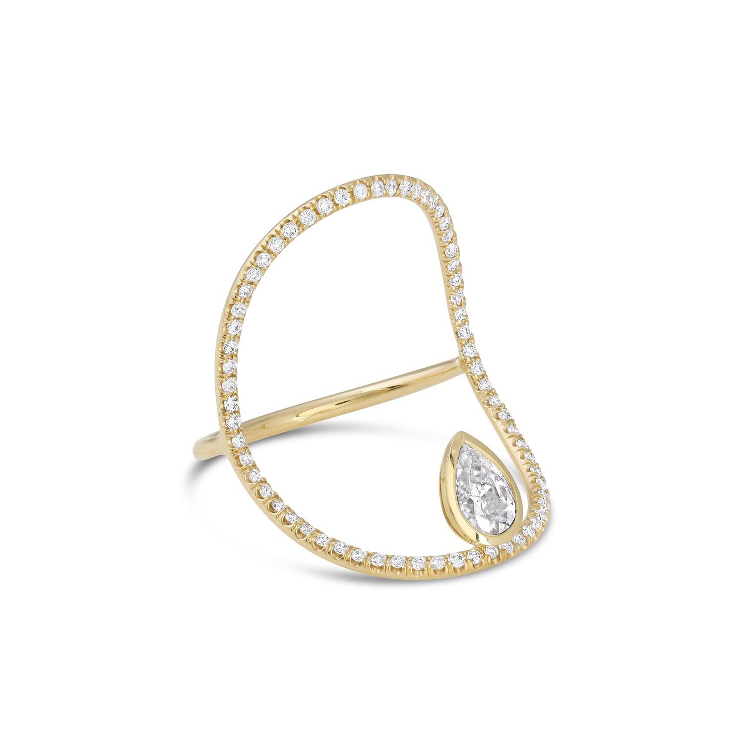 An elegant hand-formed solid 18k gold oval holds a brilliant white .30ct pear shaped diamond that's surrounded by sparkling pavé diamonds.  Bold and delicate at the same time - minimal with a bit of surrealist magic, it's streamlined design makes it
