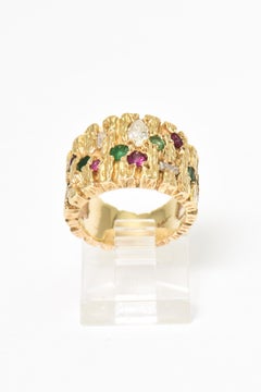 Modernist Diamond, Ruby, Emerald and Sapphire Gold Ring