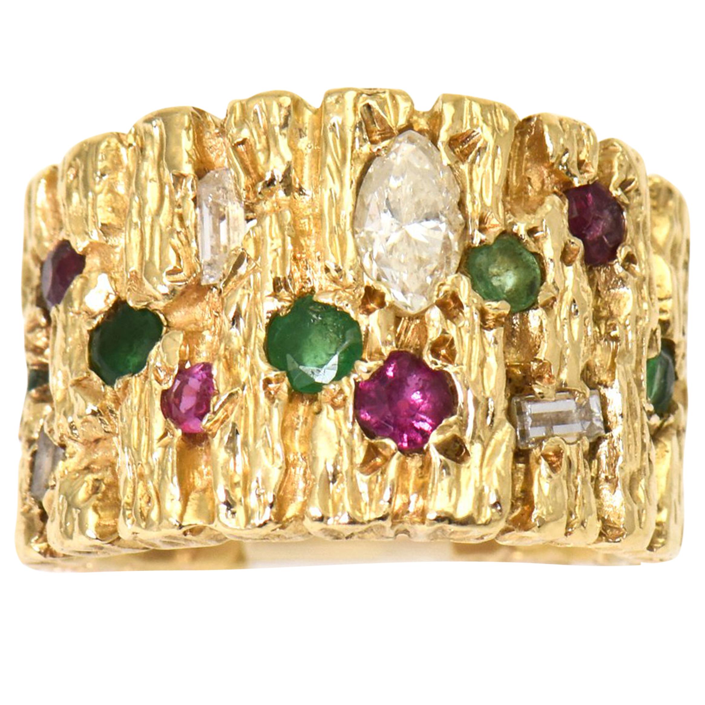 Modernist Diamond, Ruby, Emerald and Sapphire Gold Ring
