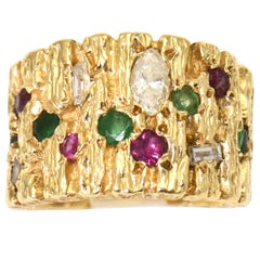 Retro Modernist Diamond, Ruby, Emerald and Sapphire Gold Ring