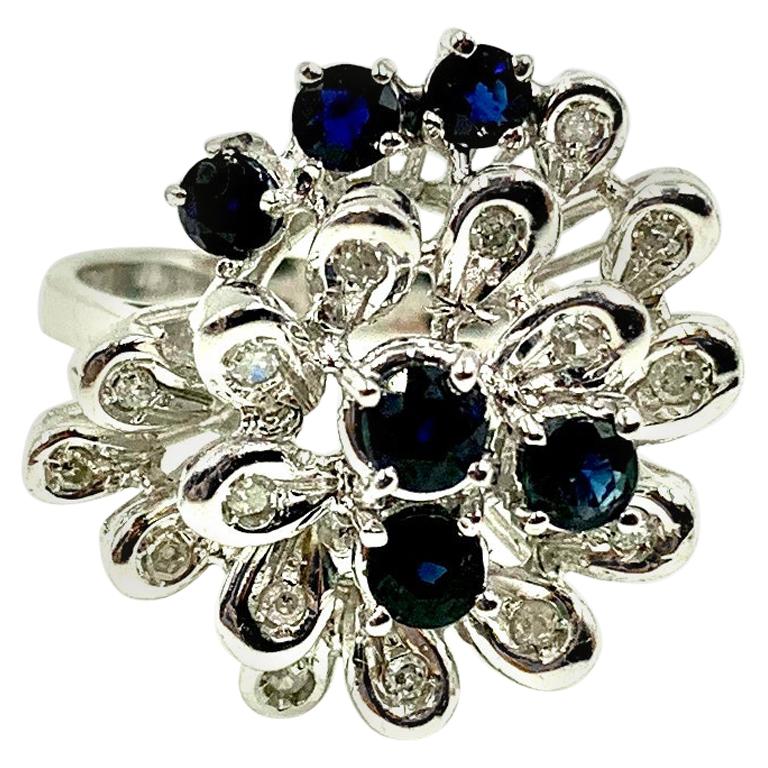 Italian Modernist Diamond Sapphire 18 Karat White Gold Flower Form Cocktail Ring For Sale