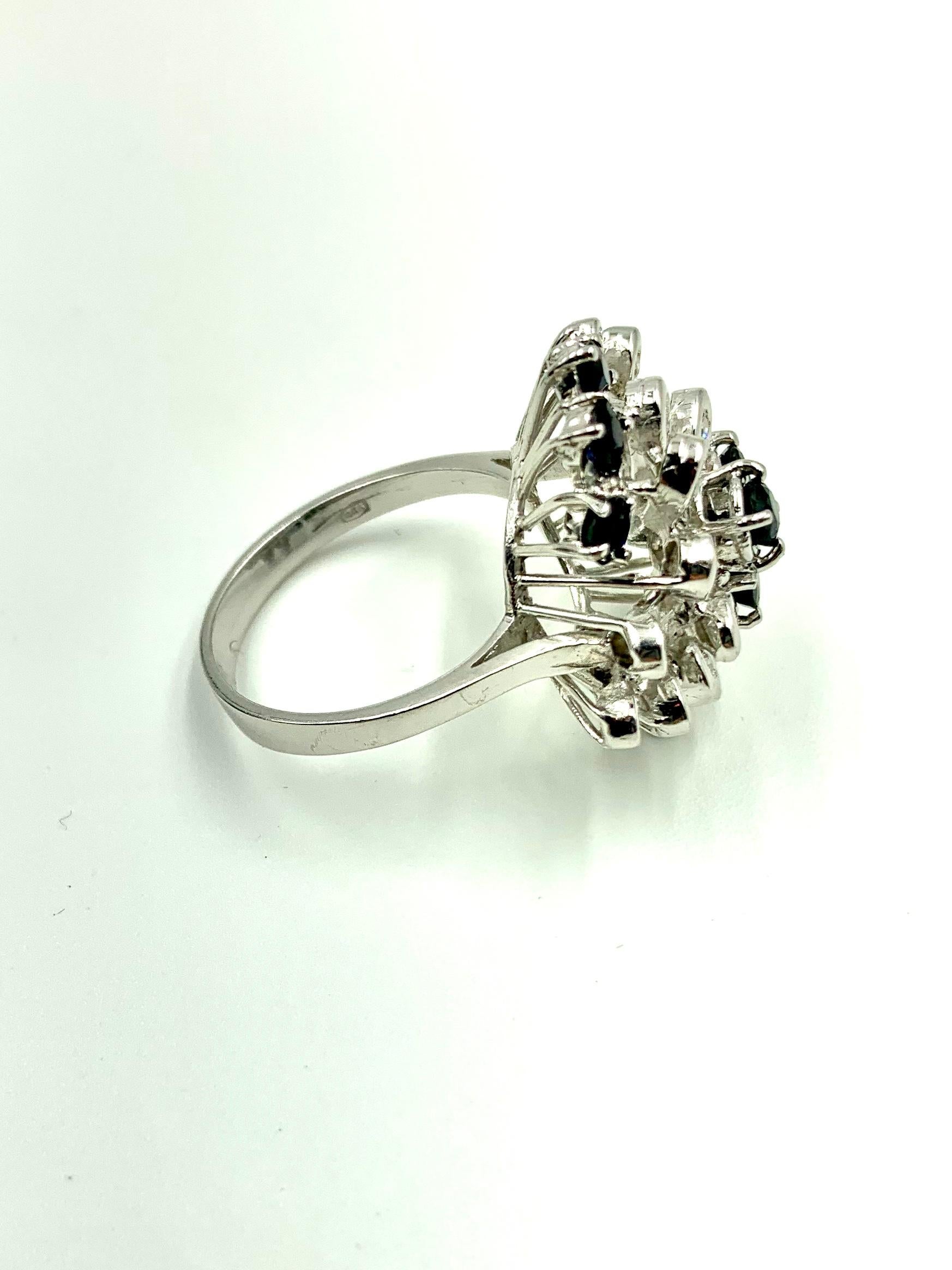 Italian Modernist Diamond Sapphire 18 Karat White Gold Flower Form Cocktail Ring In Good Condition For Sale In New York, NY