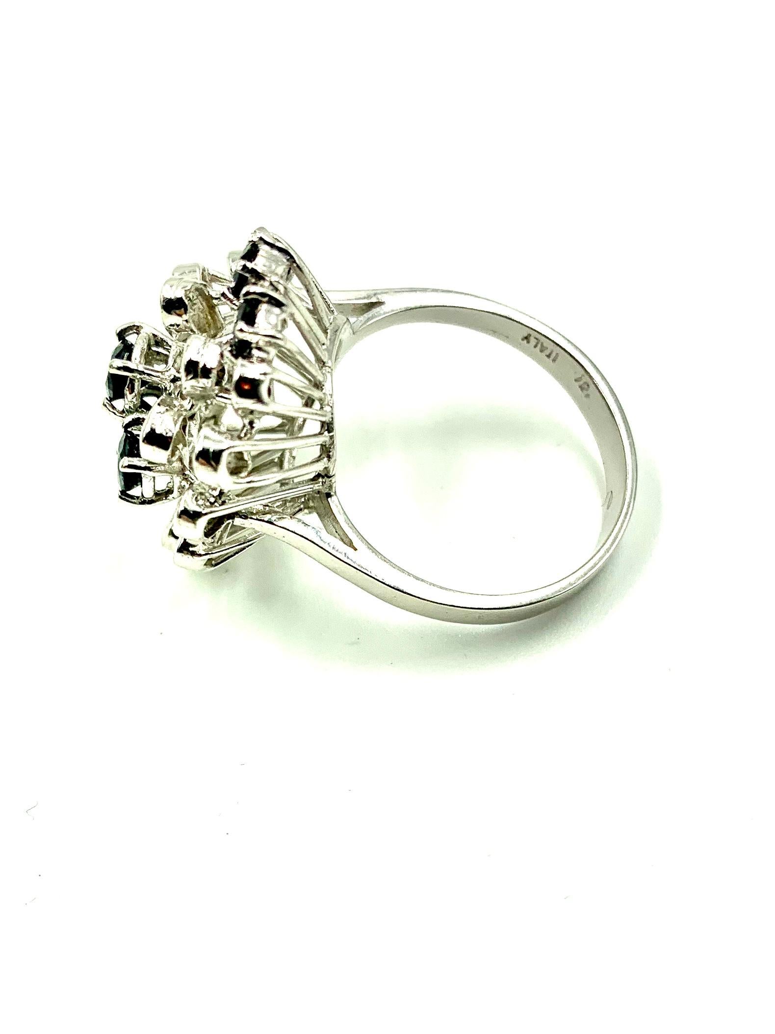 Women's Italian Modernist Diamond Sapphire 18 Karat White Gold Flower Form Cocktail Ring For Sale