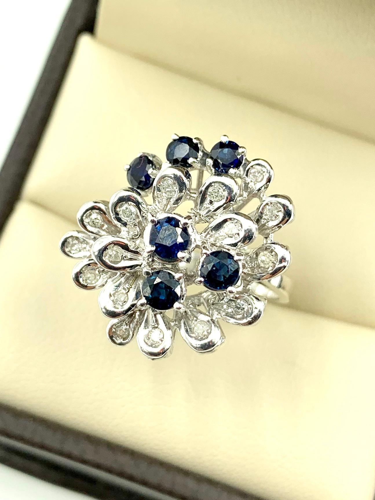 Italian Modernist Diamond Sapphire 18 Karat White Gold Flower Form Cocktail Ring For Sale 2