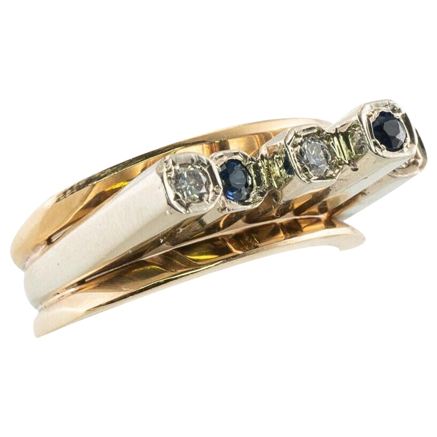 Anello modernista con diamante e zaffiro in oro 14K