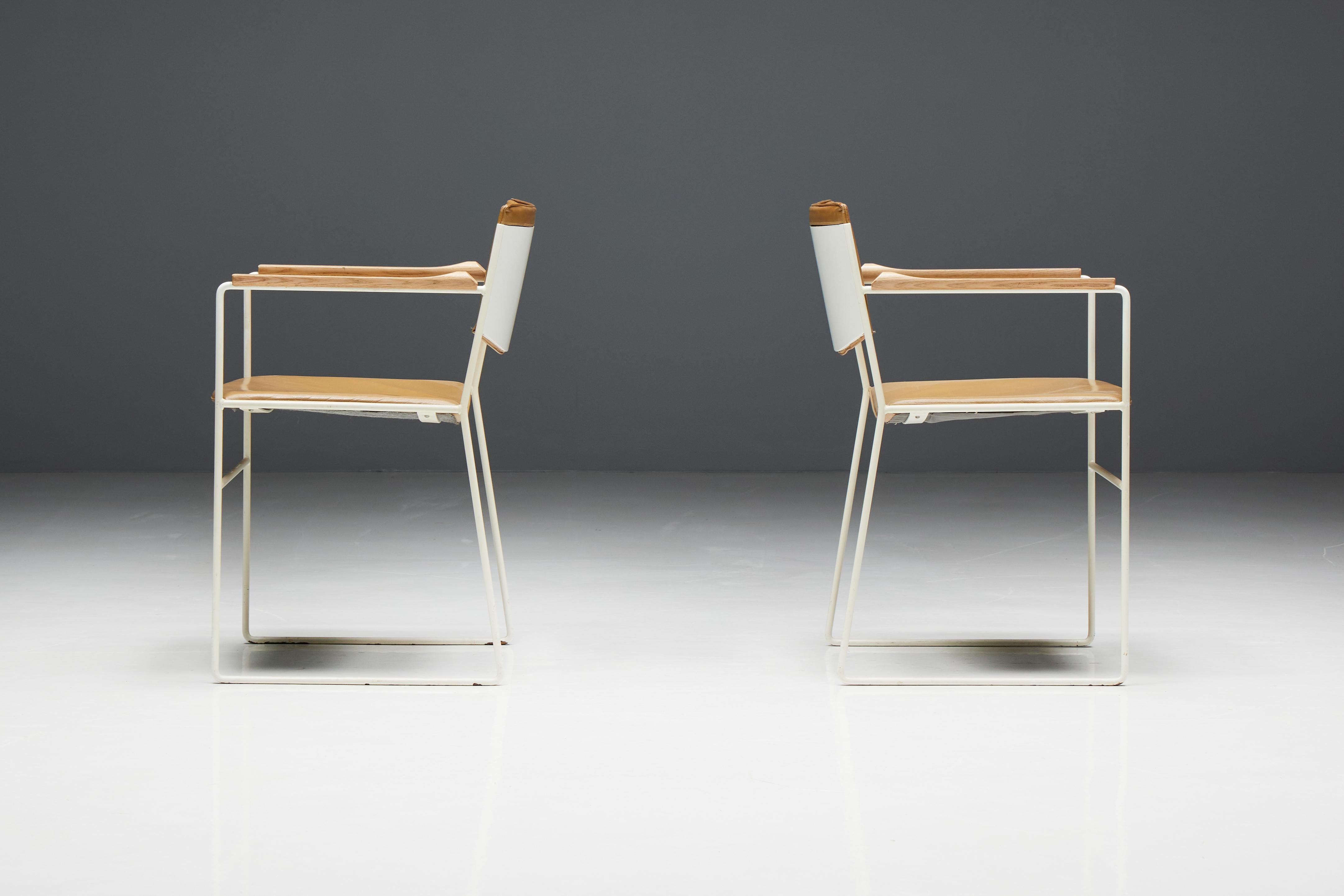 Modernist Dining Chairs in Metal and Camel Leather, 1980s For Sale 6