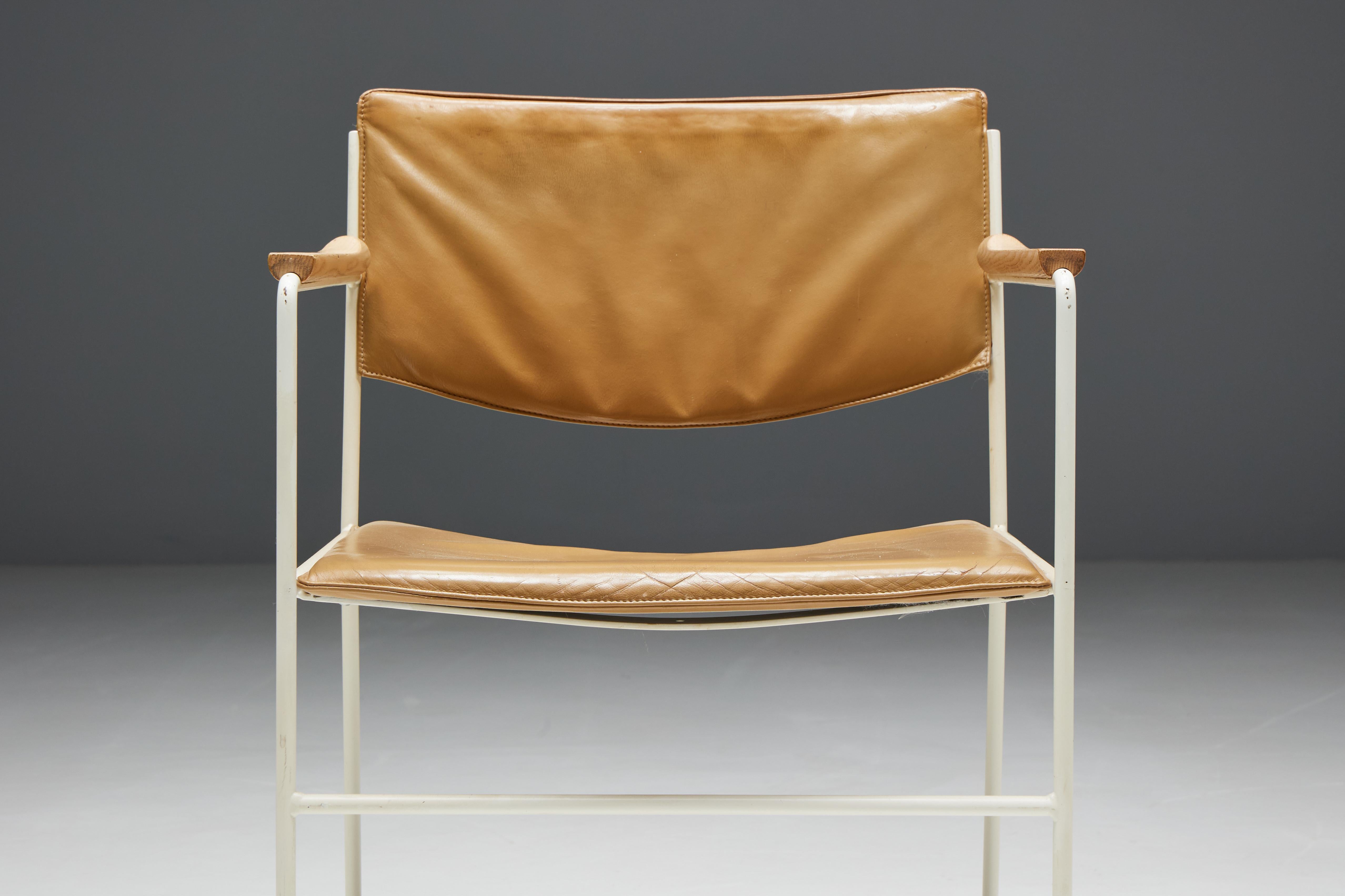 Modernist Dining Chairs in Metal and Camel Leather, 1980s For Sale 11