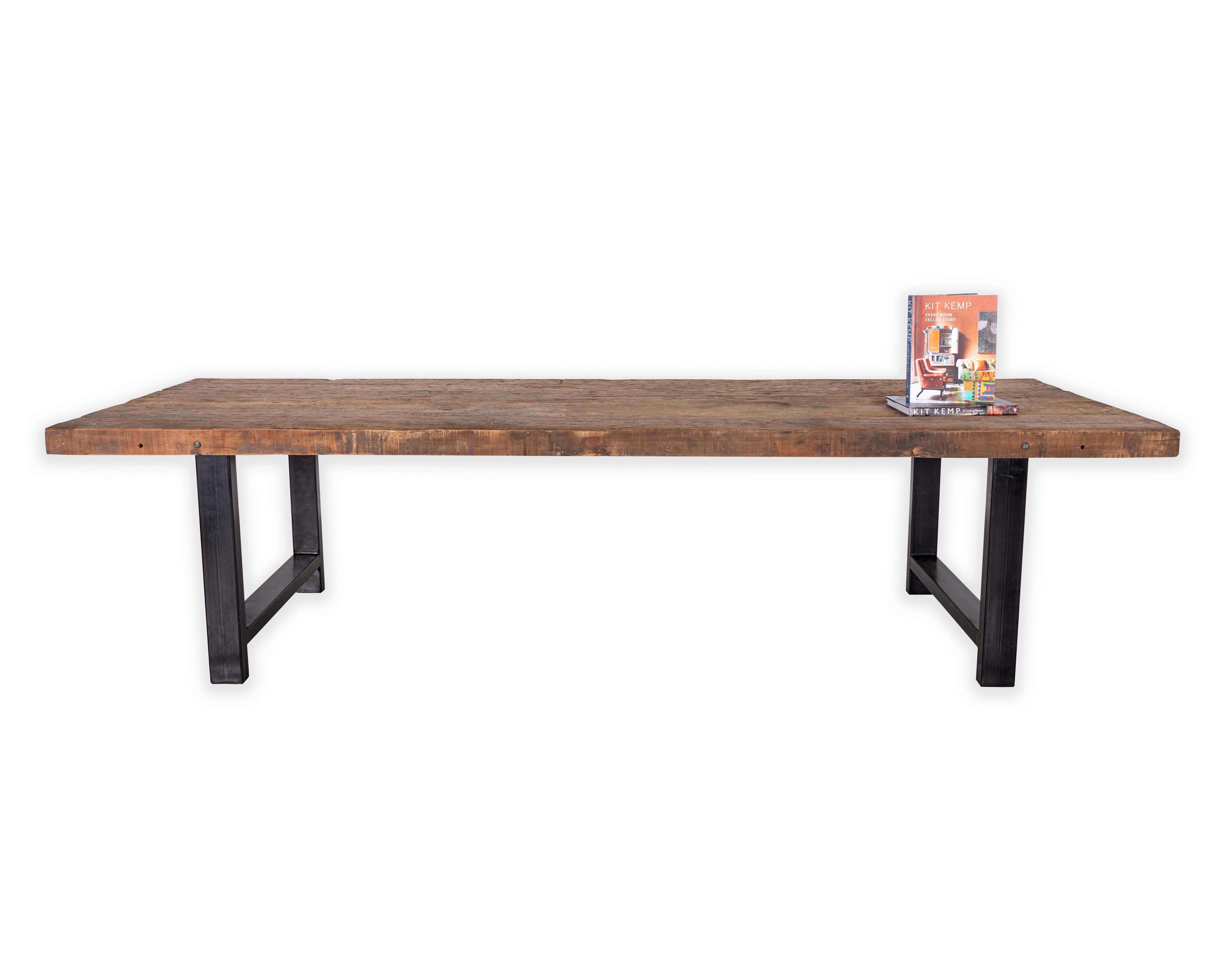 Belgian Modernist Dining Table, Reclaimed Elm Top on Ebonized Steel Base For Sale