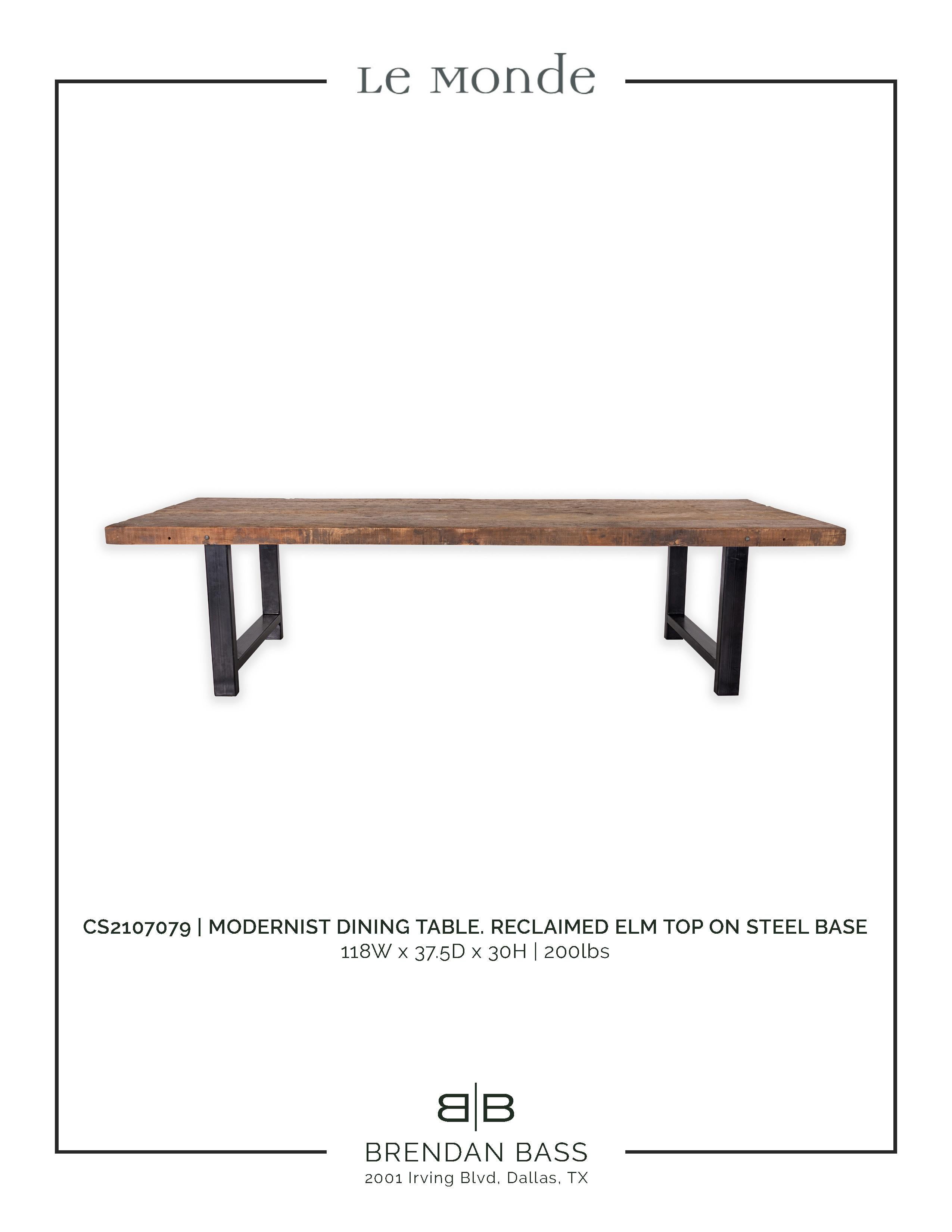 Modernist Dining Table, Reclaimed Elm Top on Ebonized Steel Base In Good Condition For Sale In Dallas, TX