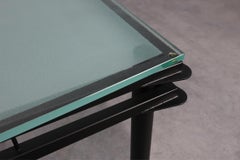 Modernist Dining Table with Black Metal Base and Glass Top, Belgium 1980s