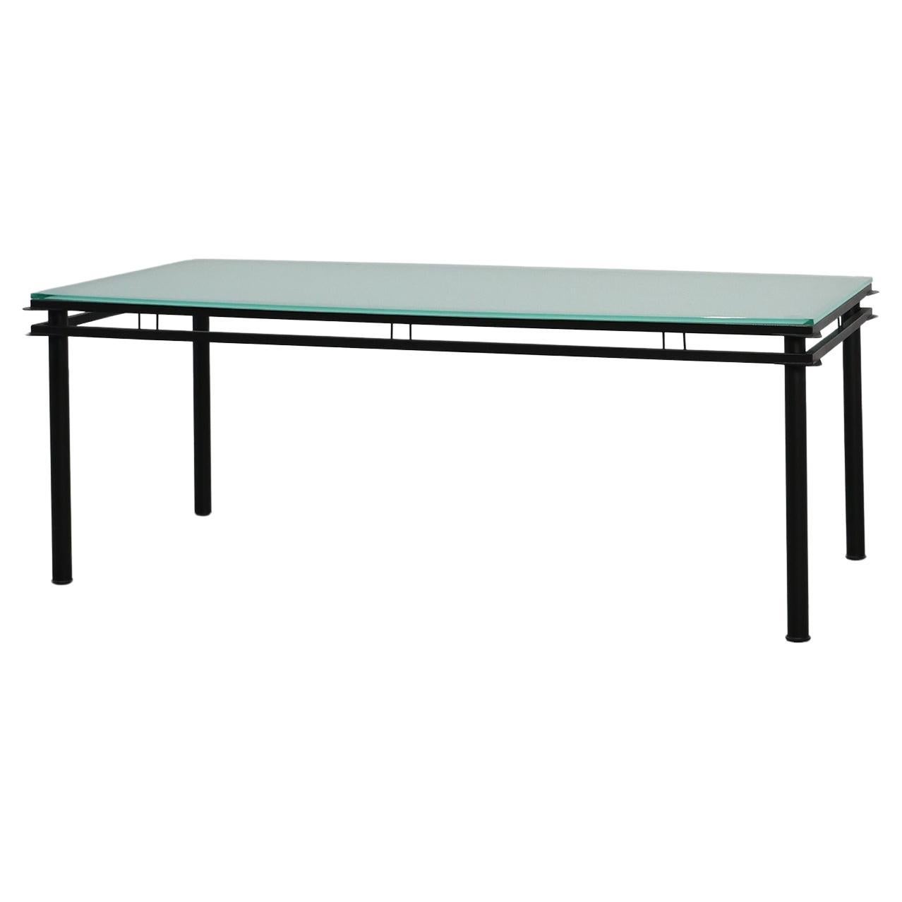 Modernist Dining Table with Black Metal Base and Glass Top, Belgium 1980s