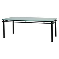 Modernist Dining Table with Black Metal Base and Glass Top, Belgium 1980s