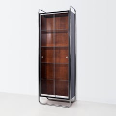 Modernistischer Vitrinenschrank, verchromter Stahl, lackiertes Holz, Furnier, Maßanfertigung