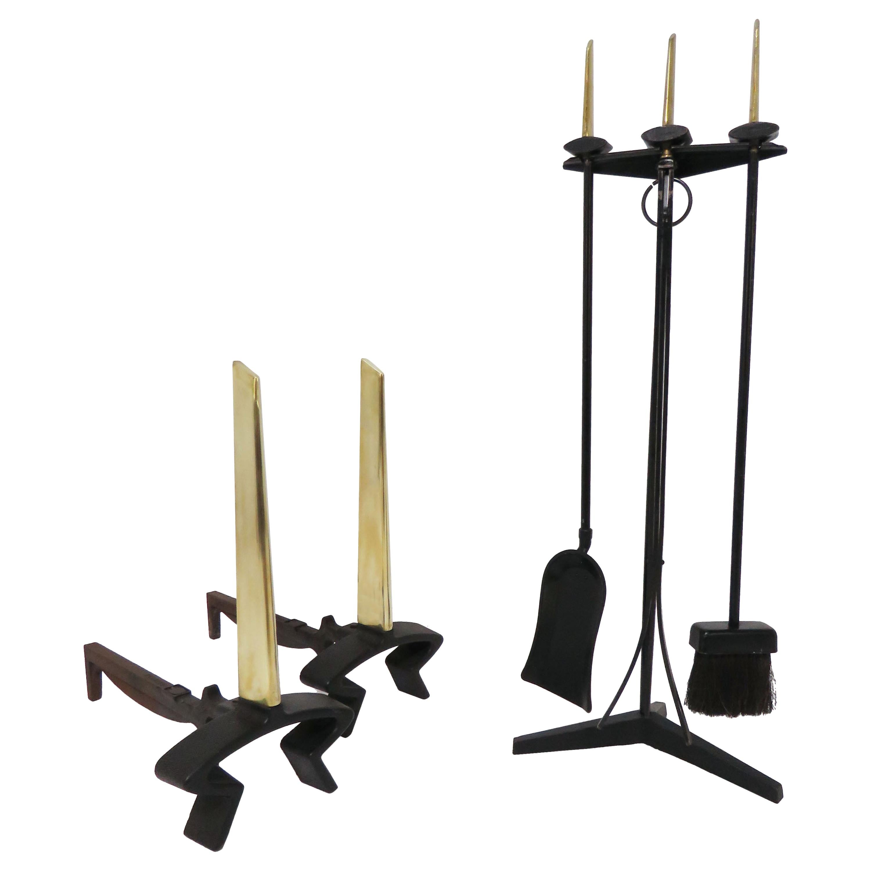 Modernist Donald Deskey Andirons and Fireplace Tools Set for Bennett