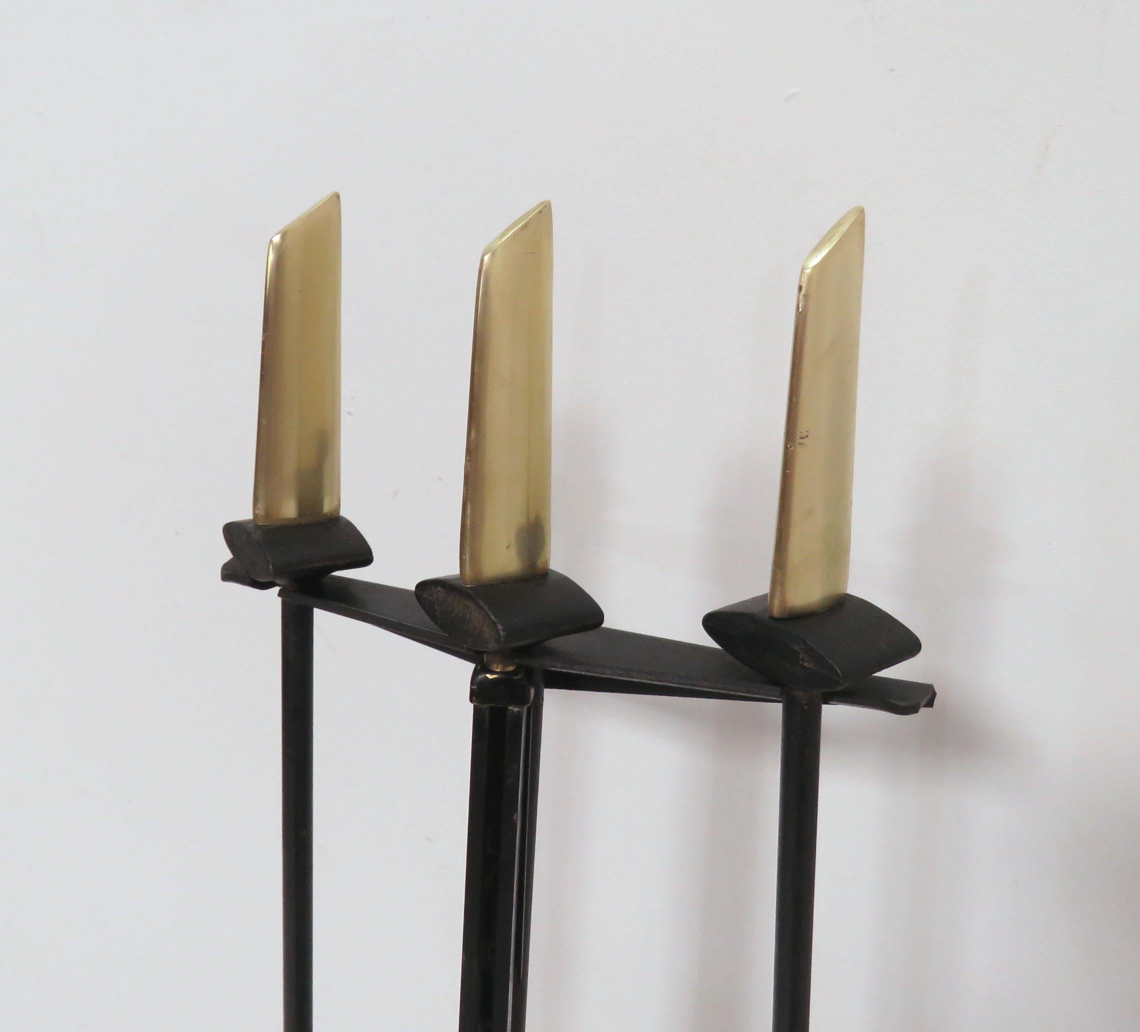 Mid-Century Modern Modernist Donald Deskey Fireplace Tools Set for Bennett in Brass and Forged Iron