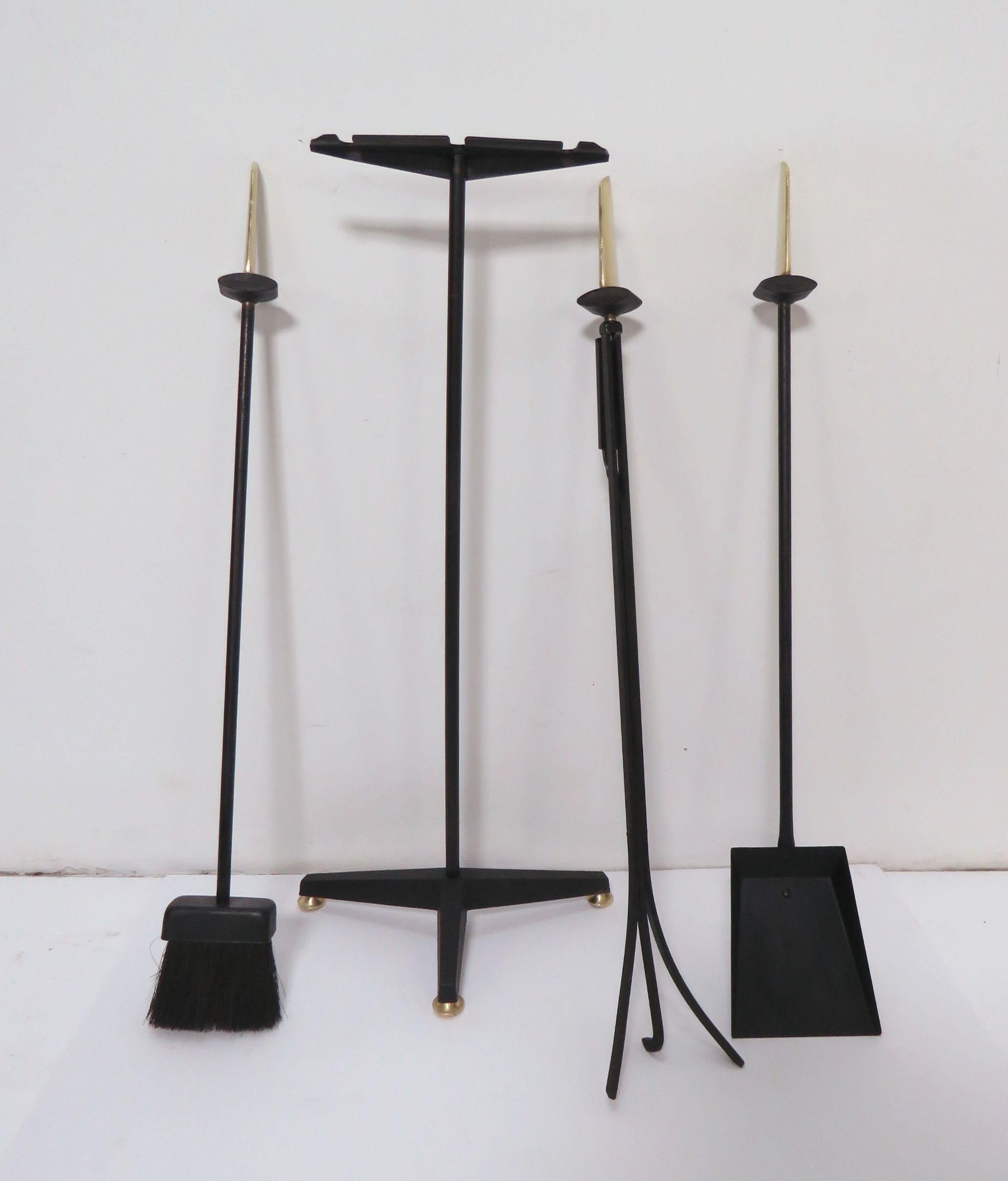 American Modernist Donald Deskey Fireplace Tools Set for Bennett in Brass and Forged Iron