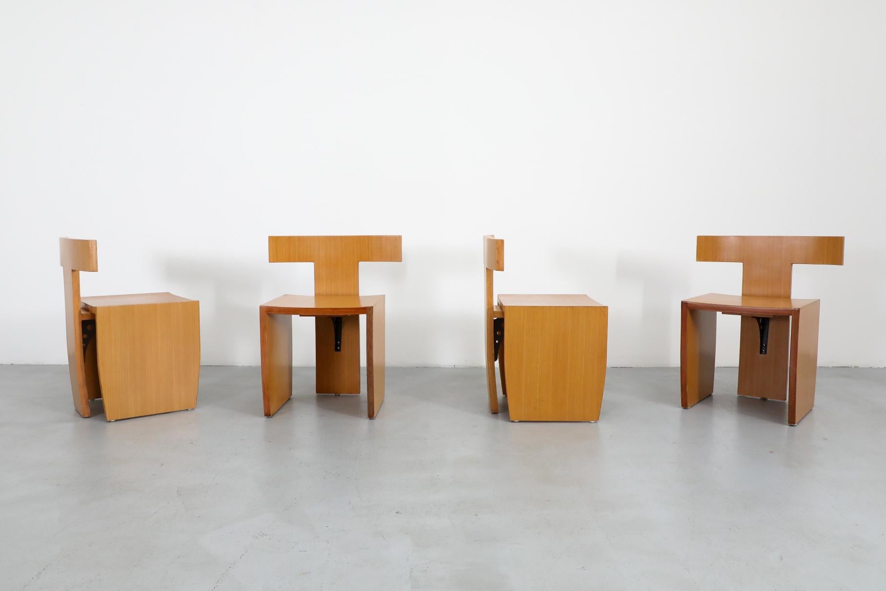 Mid-Century MOD Donald Judd inspired side chairs from a Dutch church. Straight lines and sharp edges make these attractive dining or accent chairs that truly stand out. They are in original condition and some have more wear than others, with visible