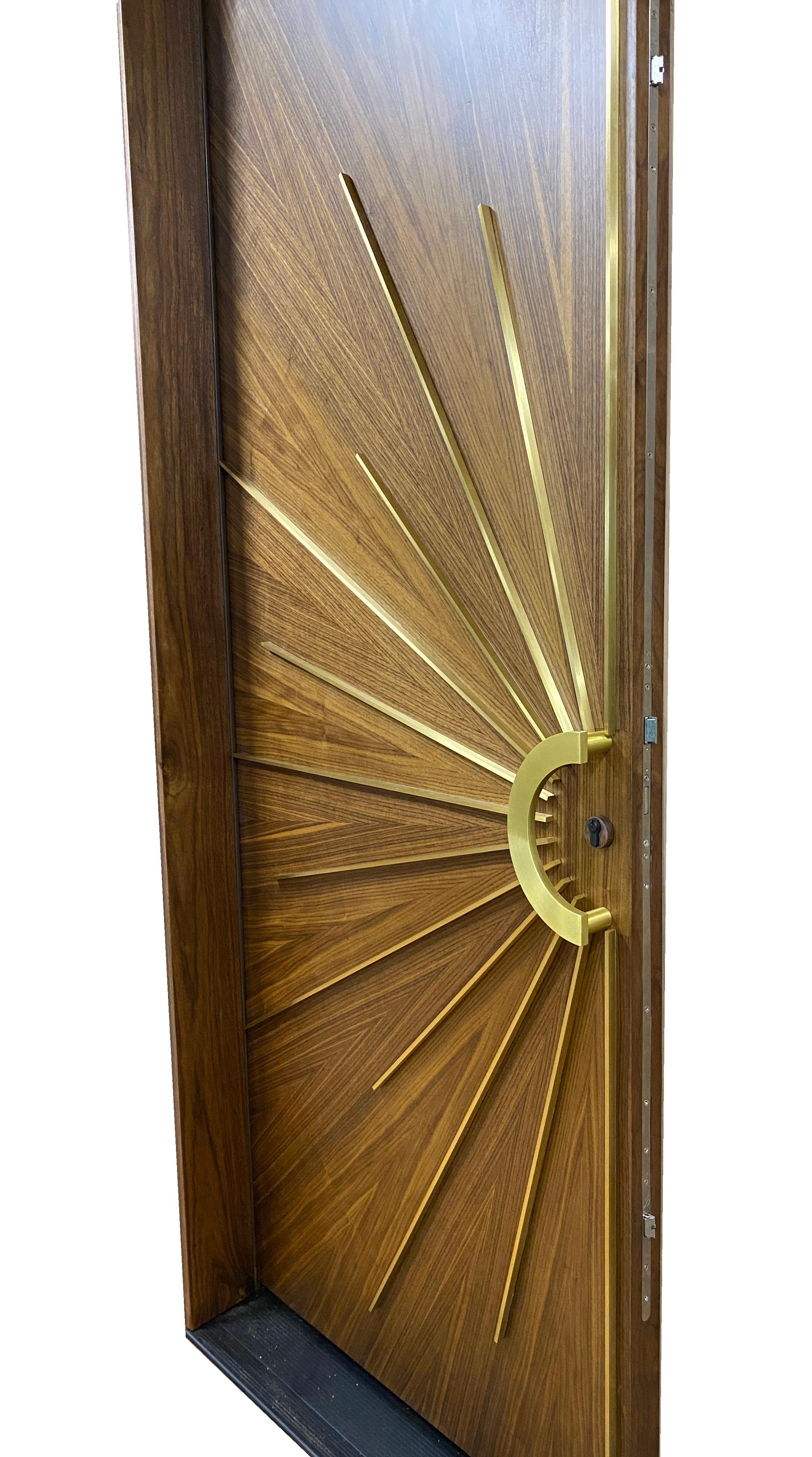 Contemporary Exterior Modernist Double Entry Door Radial Sunburst handmade in the USA For Sale