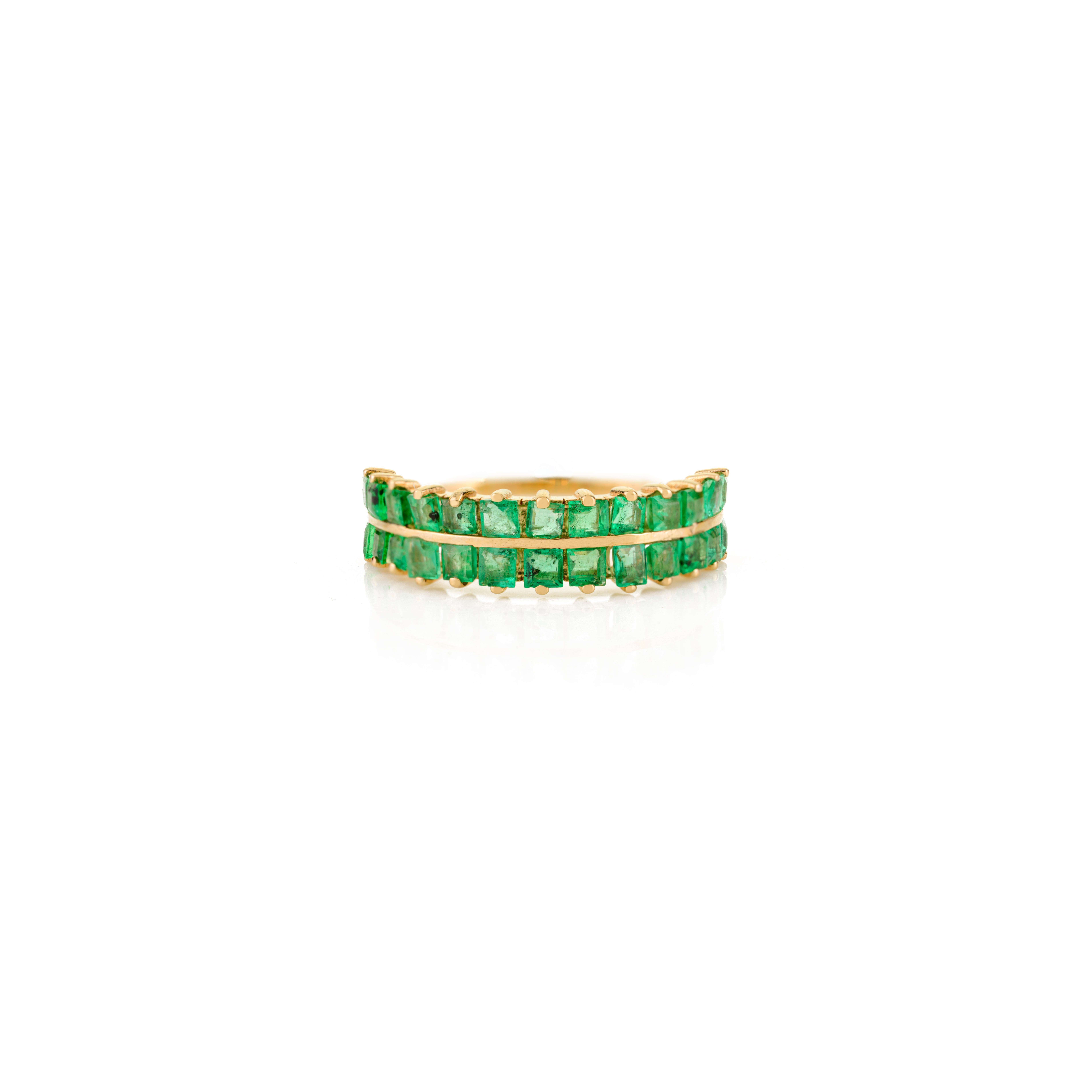 For Sale:  Modernist Double Row Emerald Eternity Band Ring in 14k Yellow Gold Everyday Wear 2