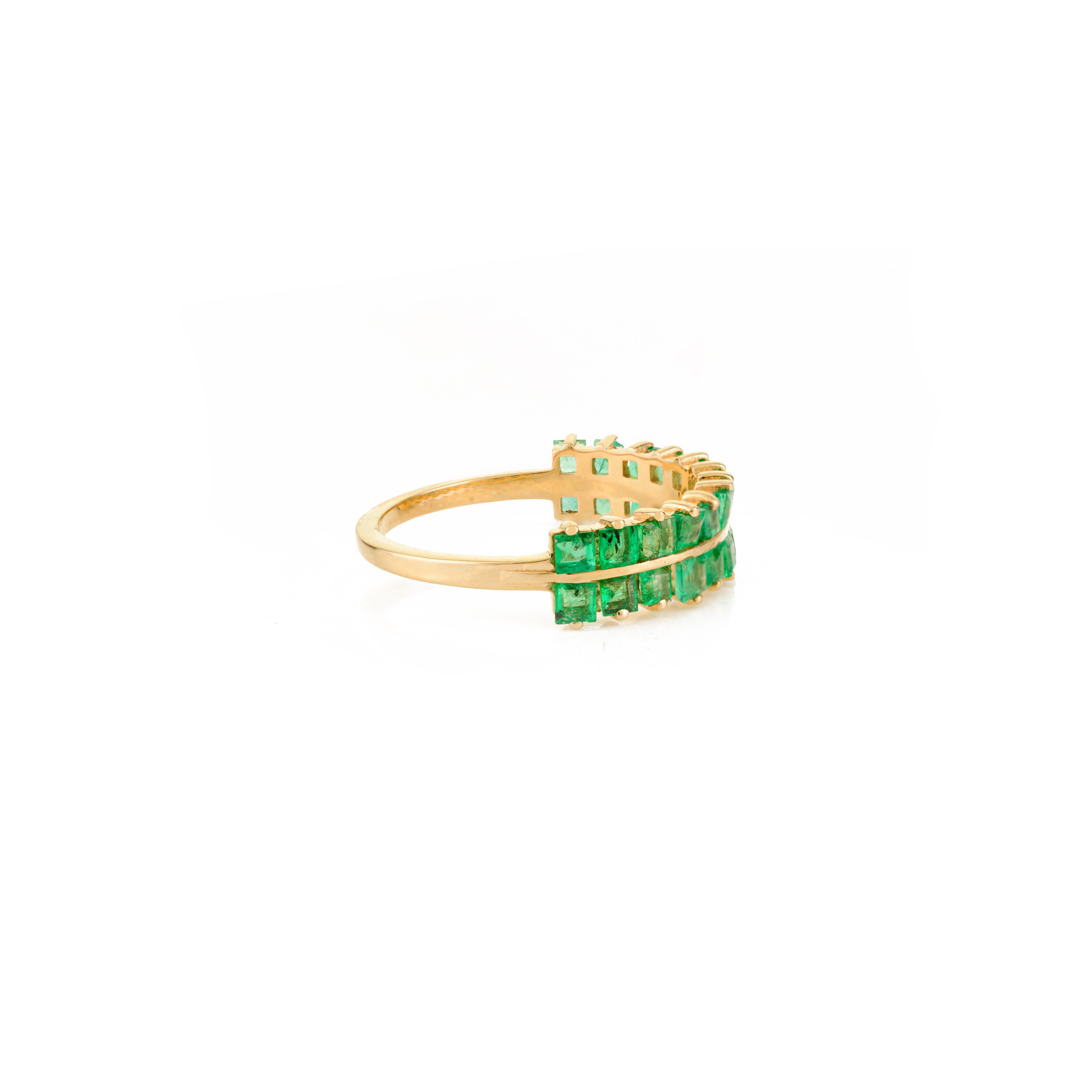 For Sale:  Modernist Double Row Emerald Eternity Band Ring in 14k Yellow Gold Everyday Wear 7