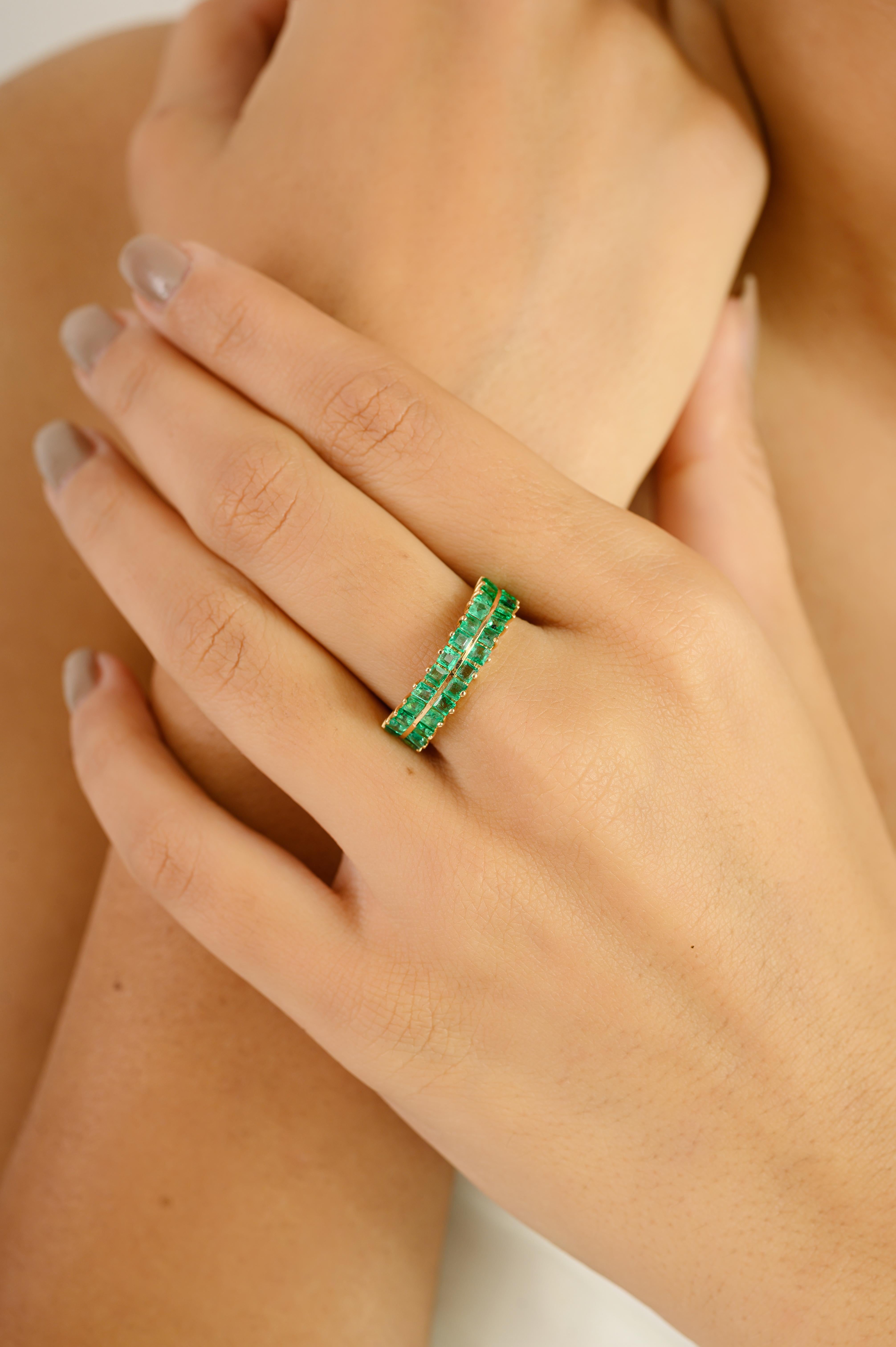 For Sale:  Modernist Double Row Emerald Eternity Band Ring in 14k Yellow Gold Everyday Wear 8