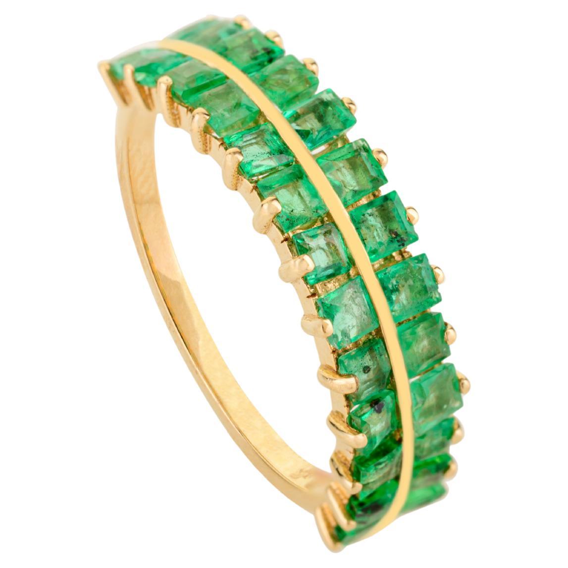 For Sale:  Modernist Double Row Emerald Eternity Band Ring in 14k Yellow Gold Everyday Wear