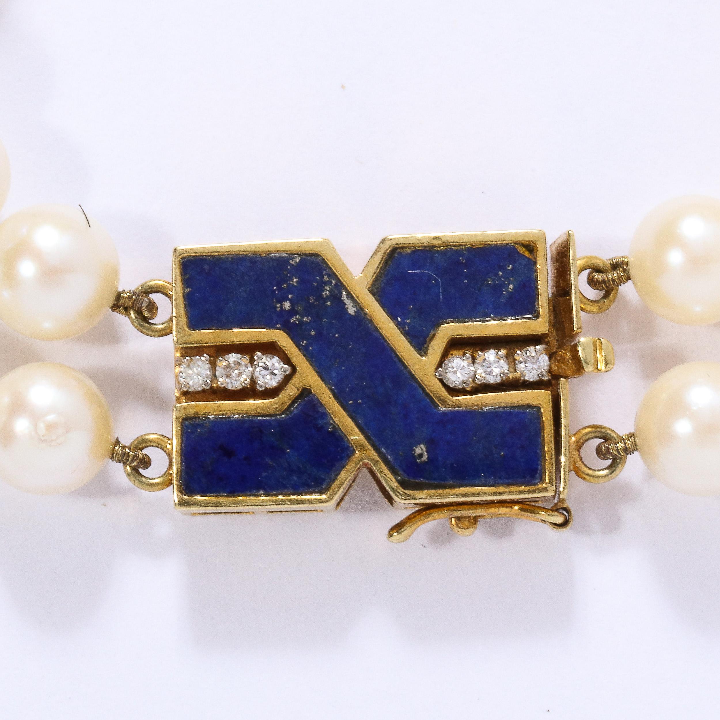 Round Cut Modernist Double Strand Pearl Bracelet with Lapis, Gold and Diamond Clasp For Sale