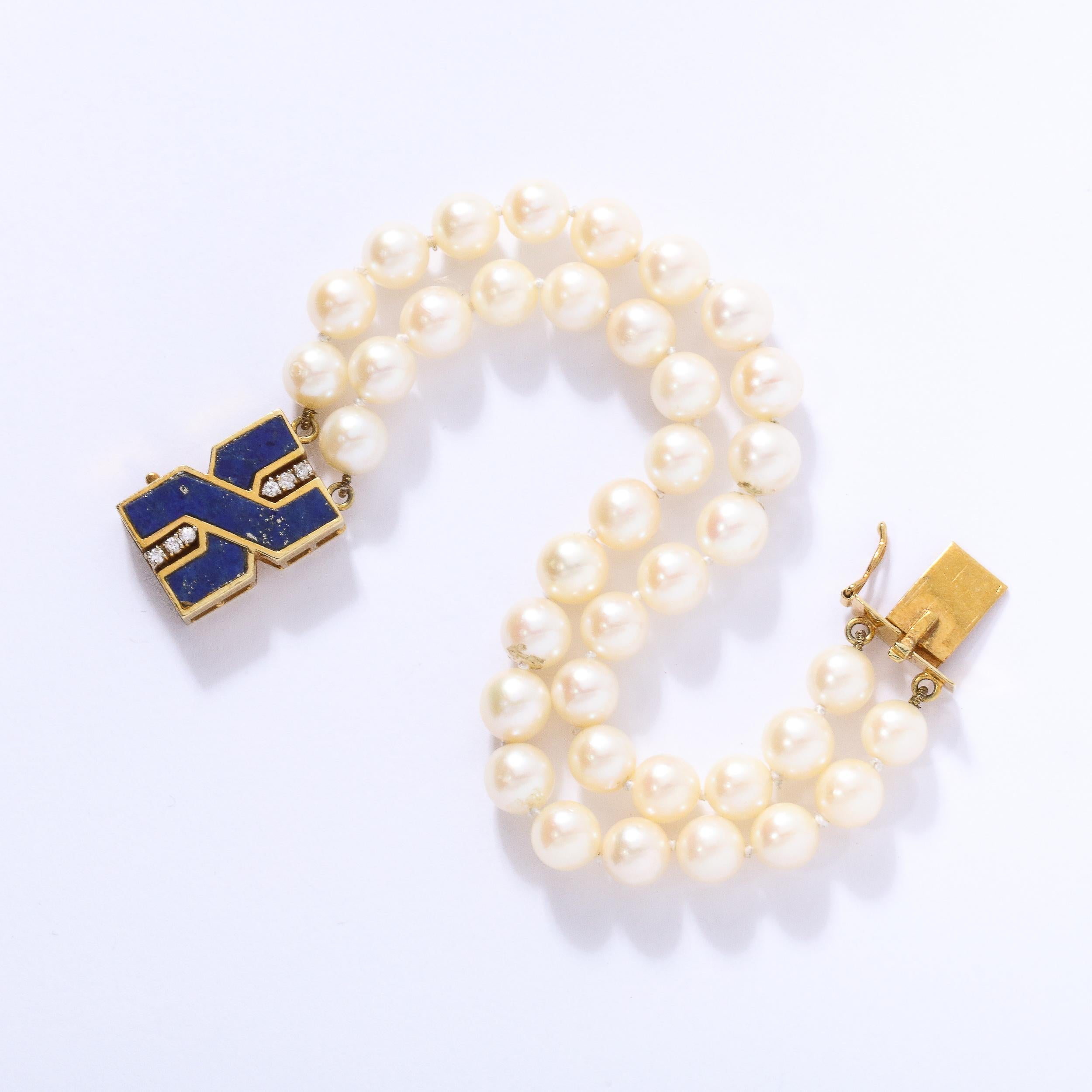 Modernist Double Strand Pearl Bracelet with Lapis, Gold and Diamond Clasp In Excellent Condition For Sale In New York, NY