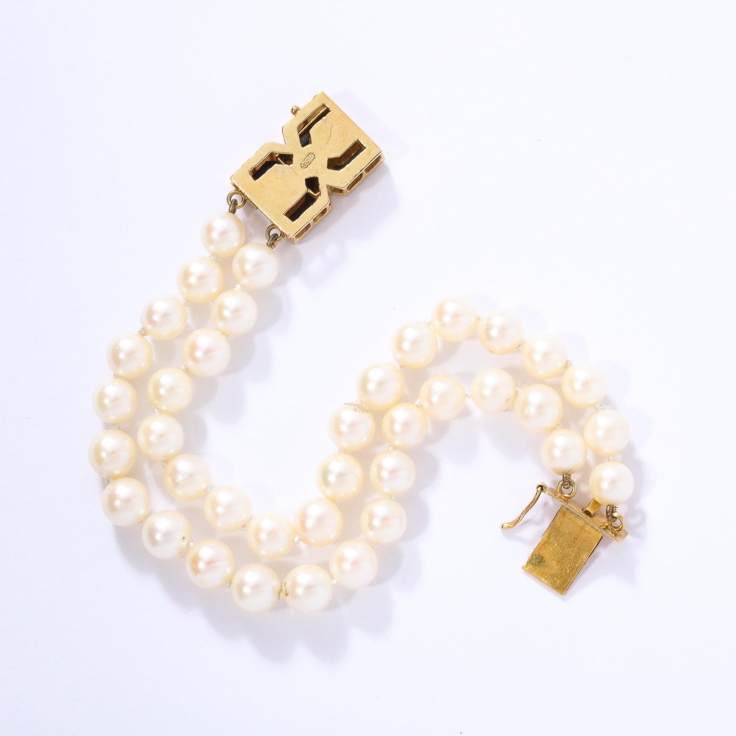 Modernistisches doppelreihiges Perlenarmband mit Lapislazuli-, Gold- und Diamantverschluss im Angebot 1