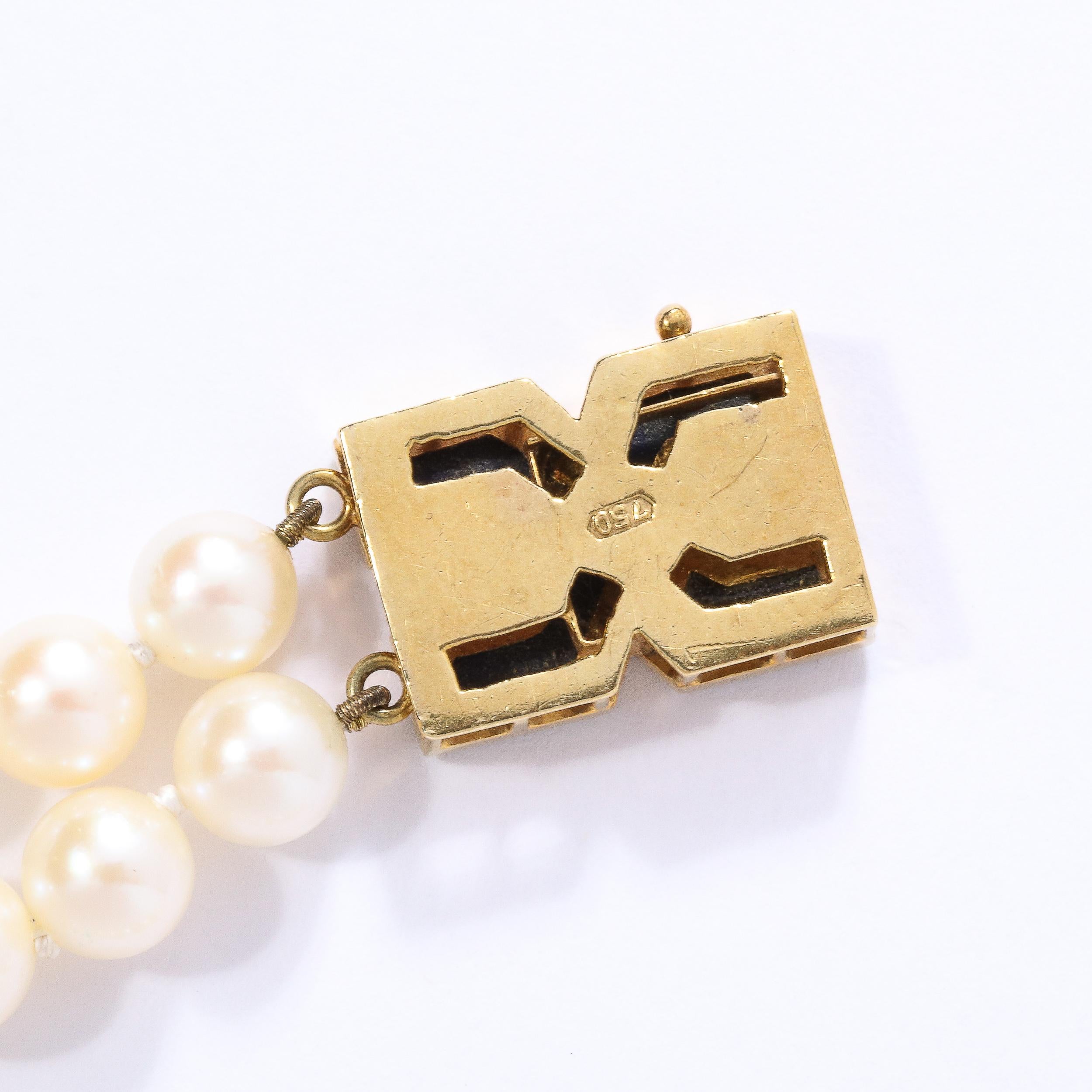 Modernist Double Strand Pearl Bracelet with Lapis, Gold and Diamond Clasp For Sale 1