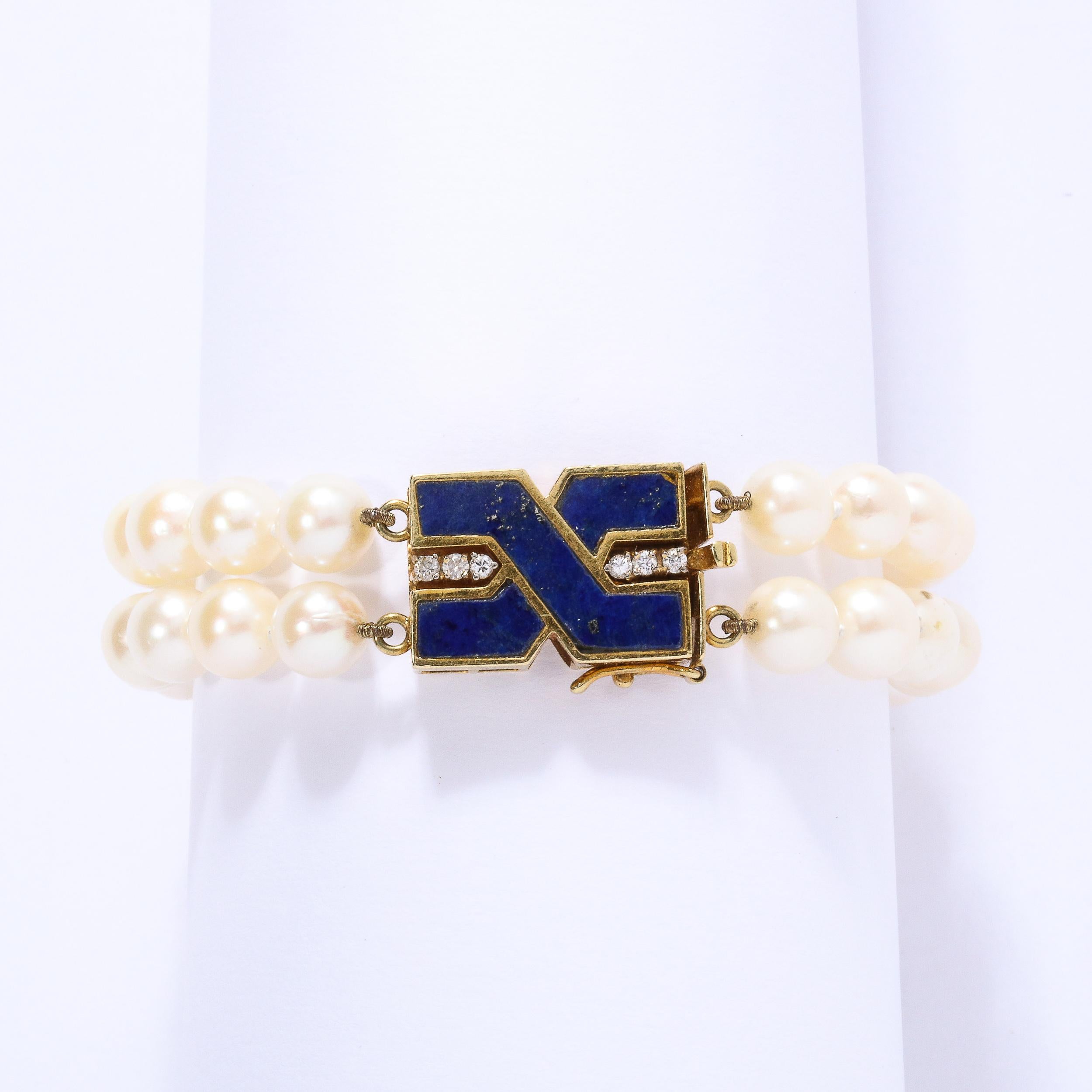Modernist Double Strand Pearl Bracelet with Lapis, Gold and Diamond Clasp For Sale 2