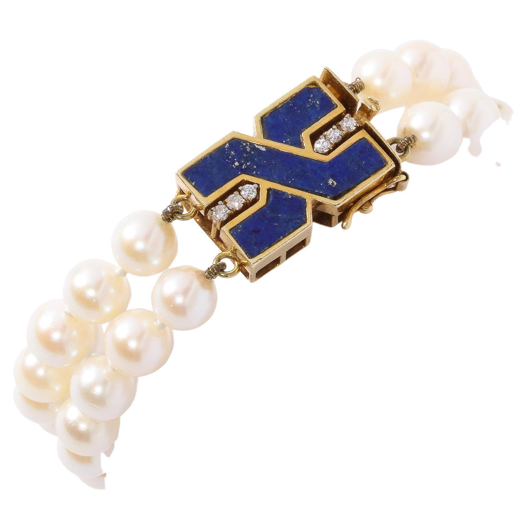 Modernist Double Strand Pearl Bracelet with Lapis, Gold and Diamond Clasp