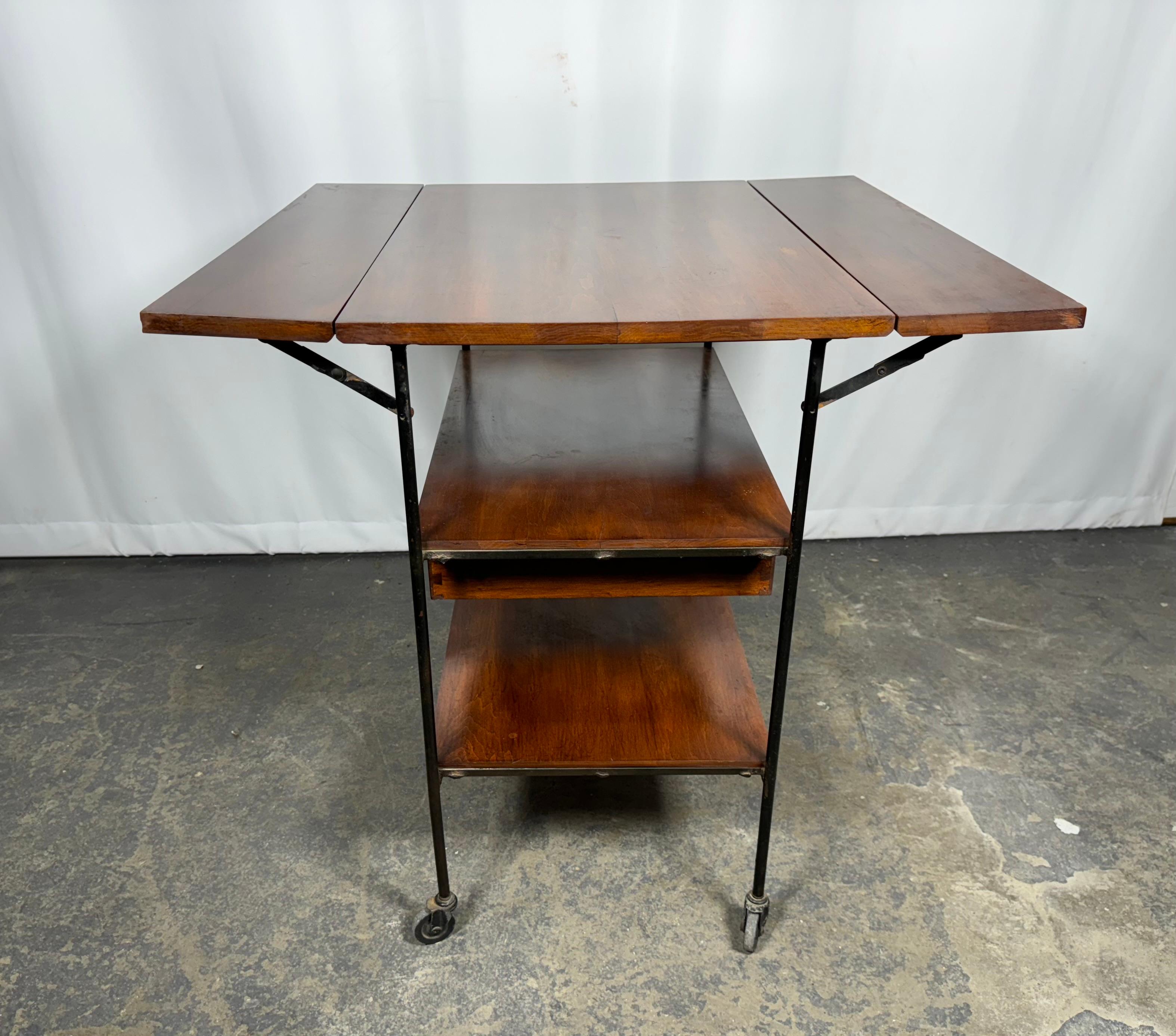 Mid-Century Modern Modernist Drop leaf Planner Group Bar Cart Table by Paul McCobb . wood & iron For Sale